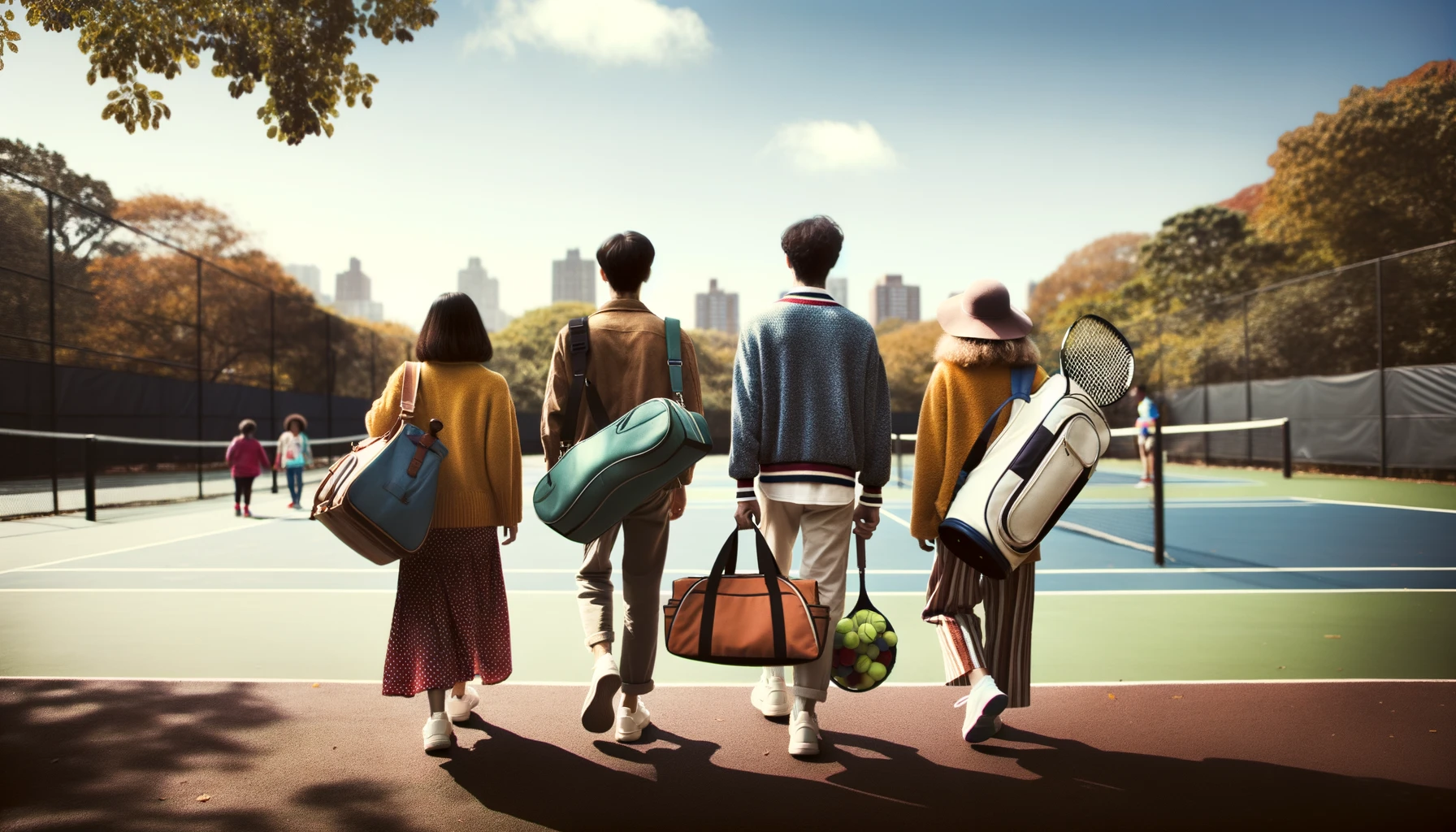 Das Foto zeigt eine Gruppe von drei Personen, die auf einen Tennisplatz zugehen und jeweils eine Tennistasche bei sich tragen.
