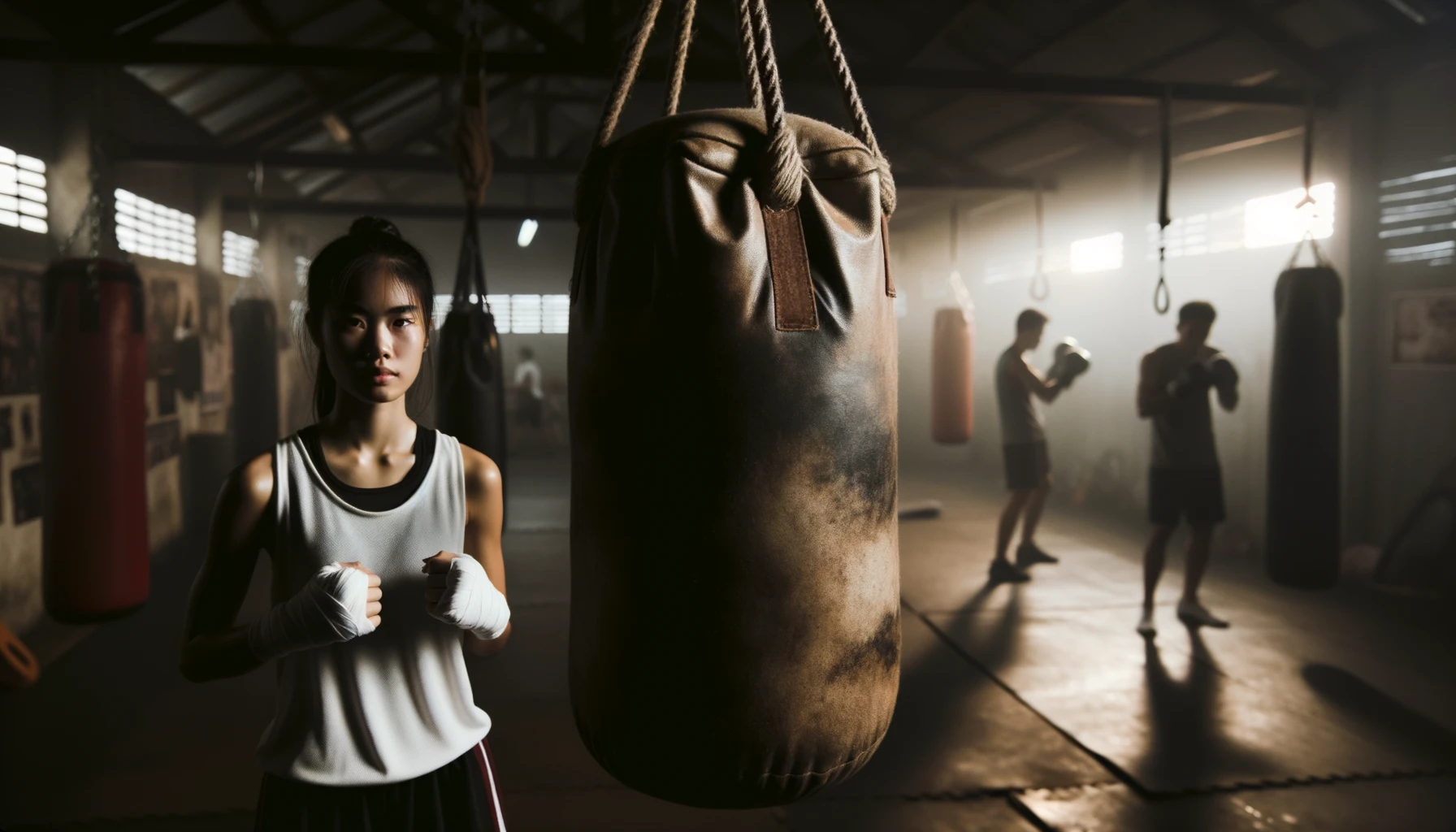 Der Fokus liegt auf einem abgenutzten Boxsack, der von der Decke hängt. Eine junge asiatische Boxerin mit umwickelten Händen steht daneben und sieht entschlossen und bereit zum Training aus.