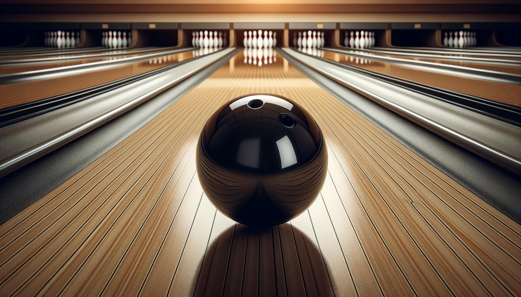 Eine schwarze Bowlingkugel, die eine gut beleuchtete hölzerne Bowlingbahn hinunterrollt und einen Streifen der Reflexion hinter sich lässt.