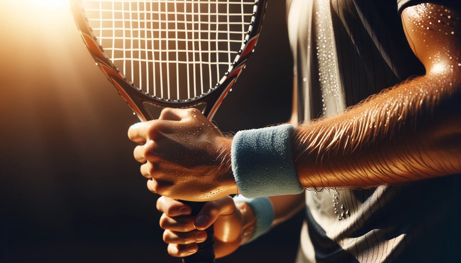 Foto des Handgelenks eines Tennisspielers, der mit einem Schweißband fest umwickelt einen Tennisschläger hält, bereit zum Aufschlag.