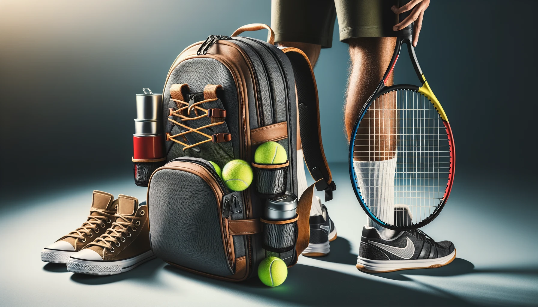 Foto des Rückens eines Tennisspielers, auf dem ein Tennisrucksack abgebildet ist. Der Rucksack enthält einen Schläger, eine Dose mit Tennisbällen und Schuhe.