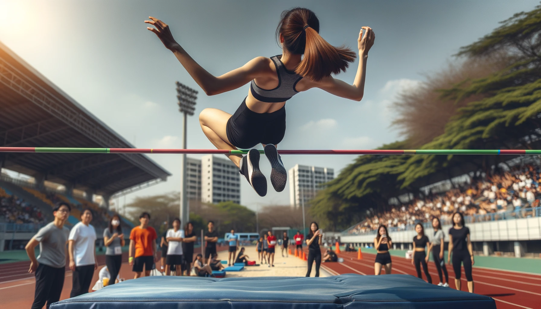 Foto einer Athletin, einer jungen Frau asiatischer Abstammung, in der Luft, während sie versucht, eine Hochsprunglatte zu überspringen.