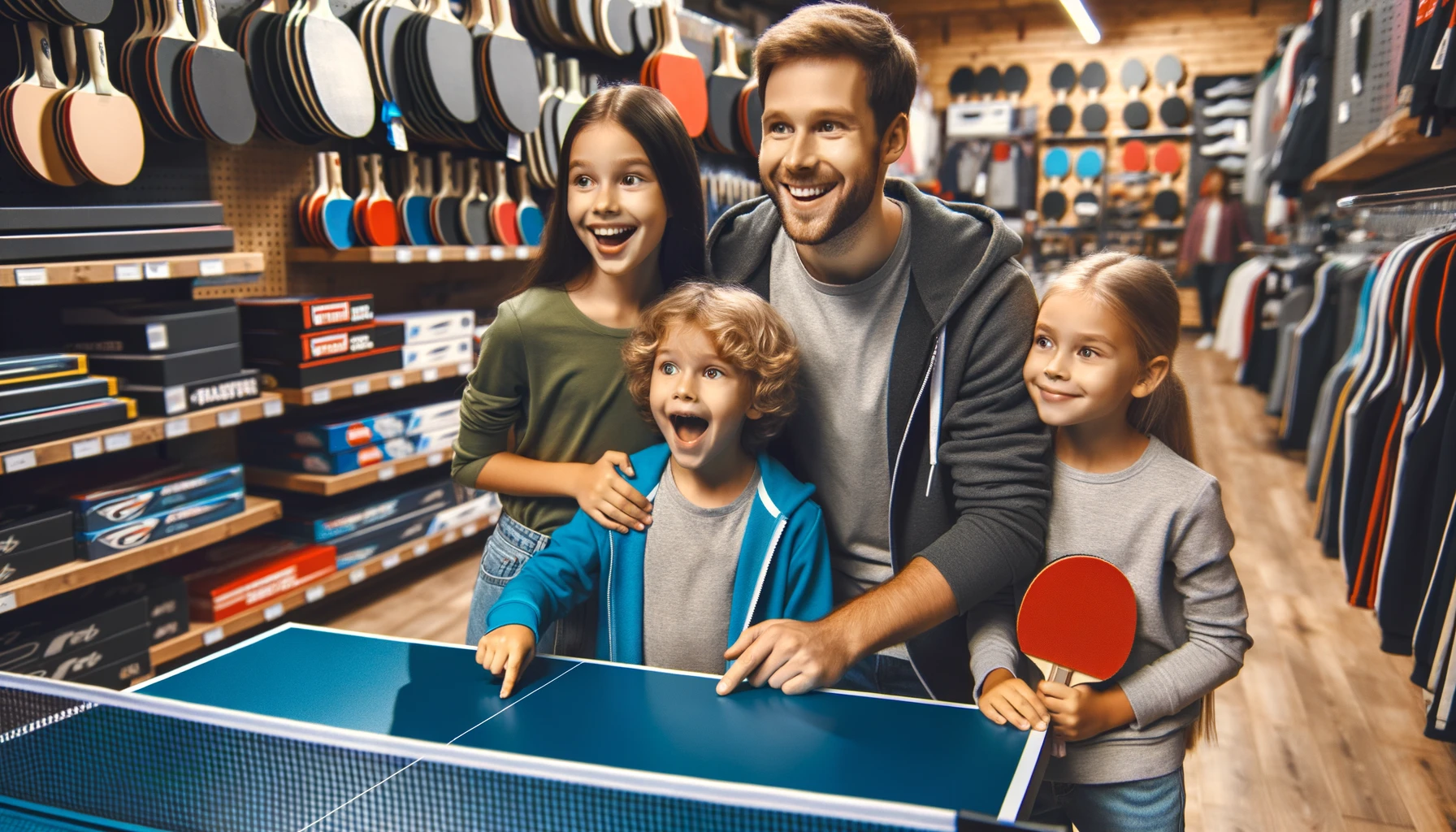 Foto einer Familie in einem Sportgeschäft, wobei die Kinder aufgeregt auf eine Tischtennisplatte zeigen, die sie haben möchten