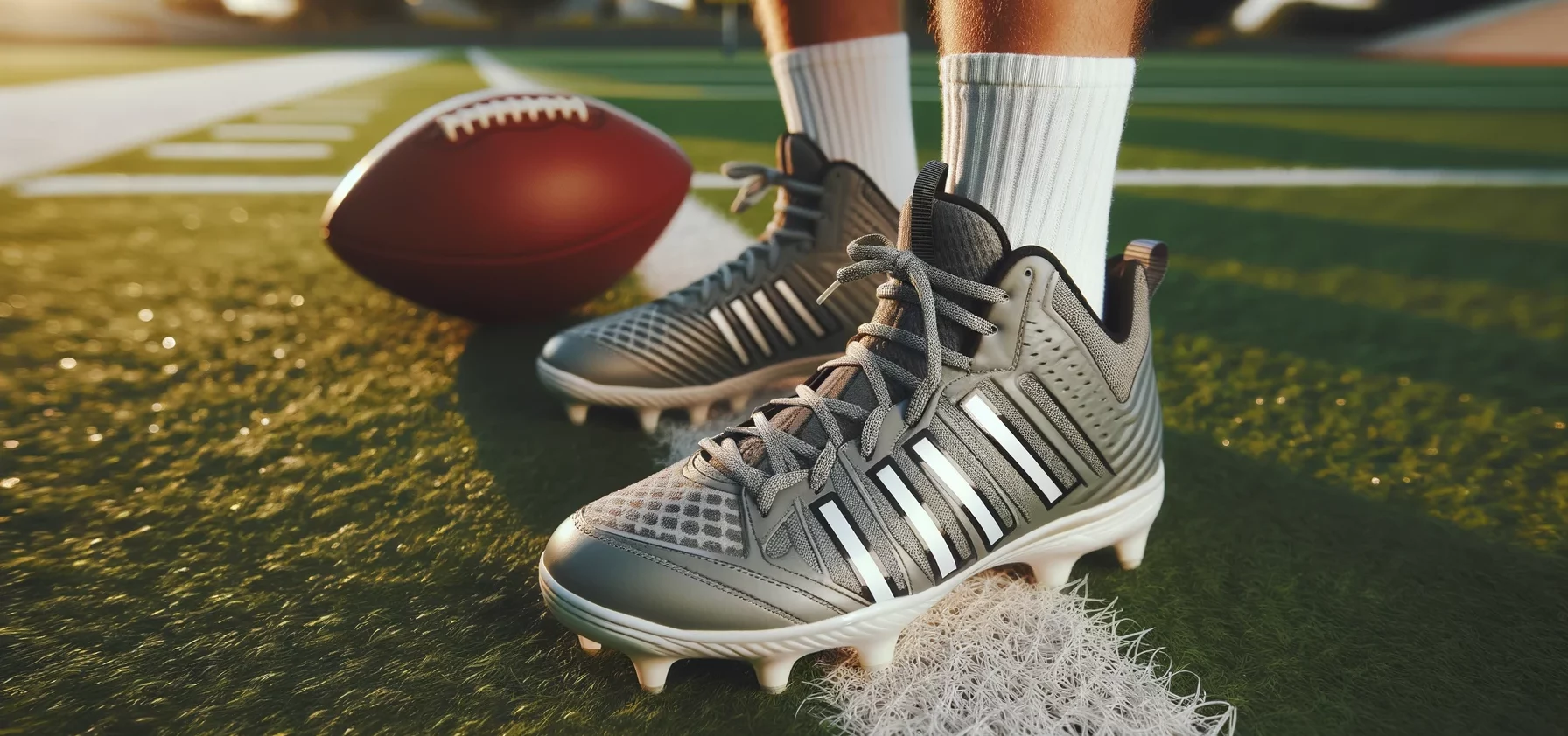 Foto einer Großaufnahme von American-Football-Schuhen auf einer Wiese, mit weißen Linien und einem Football in der Nähe.