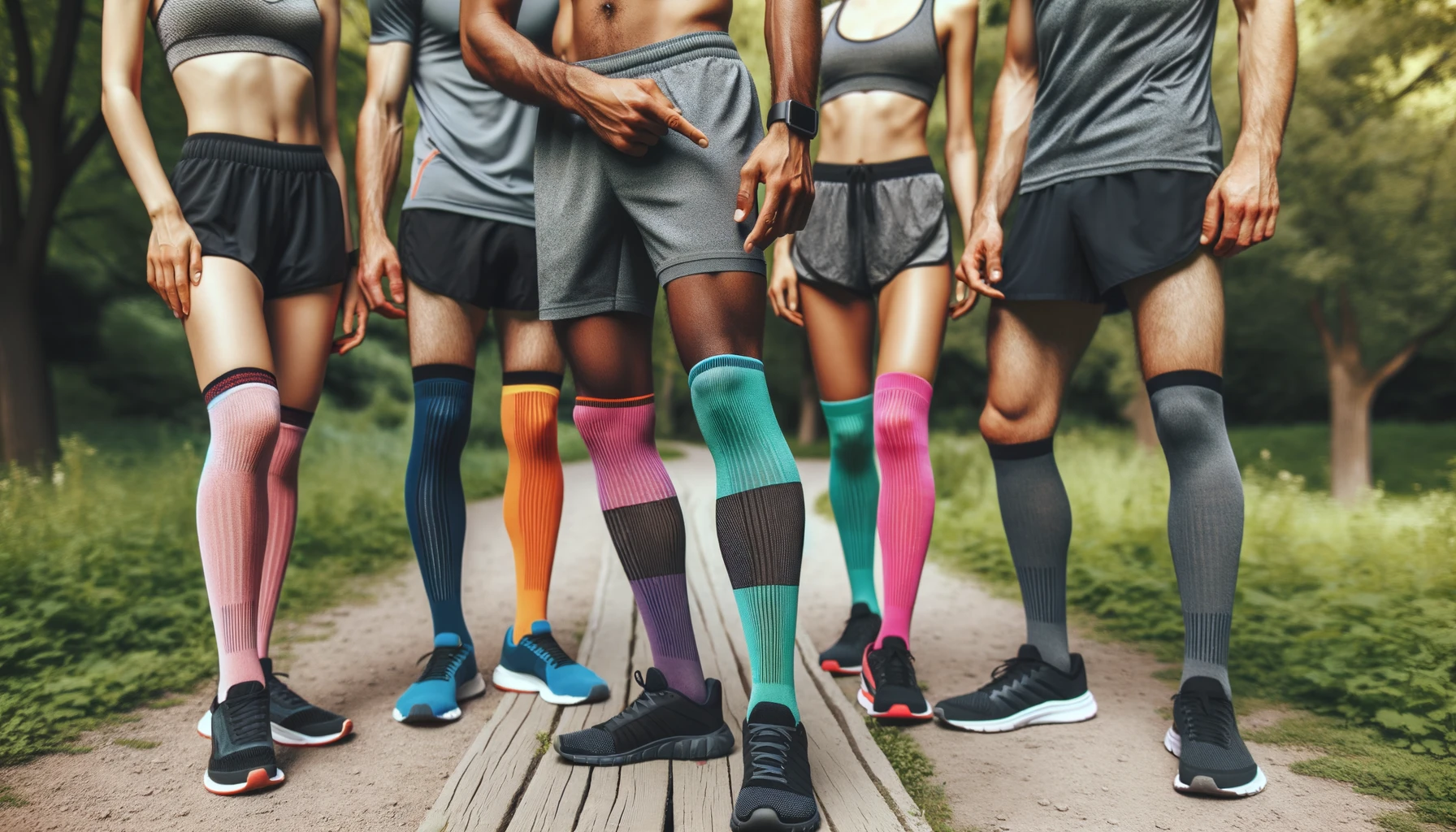Foto einer Gruppe von Läufern, die zusammen stehen und ihre verschiedenfarbigen Kompressionssocken präsentieren.