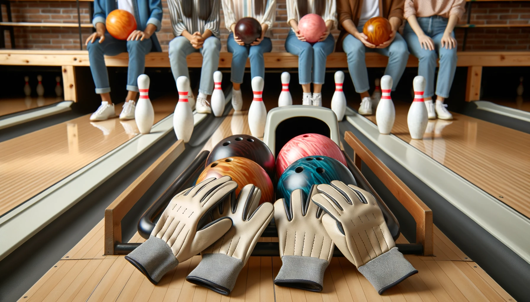 Foto einer Gruppe von Menschen mit Bowlinghandschuhen, die sich auf das Spiel vorbereiten.