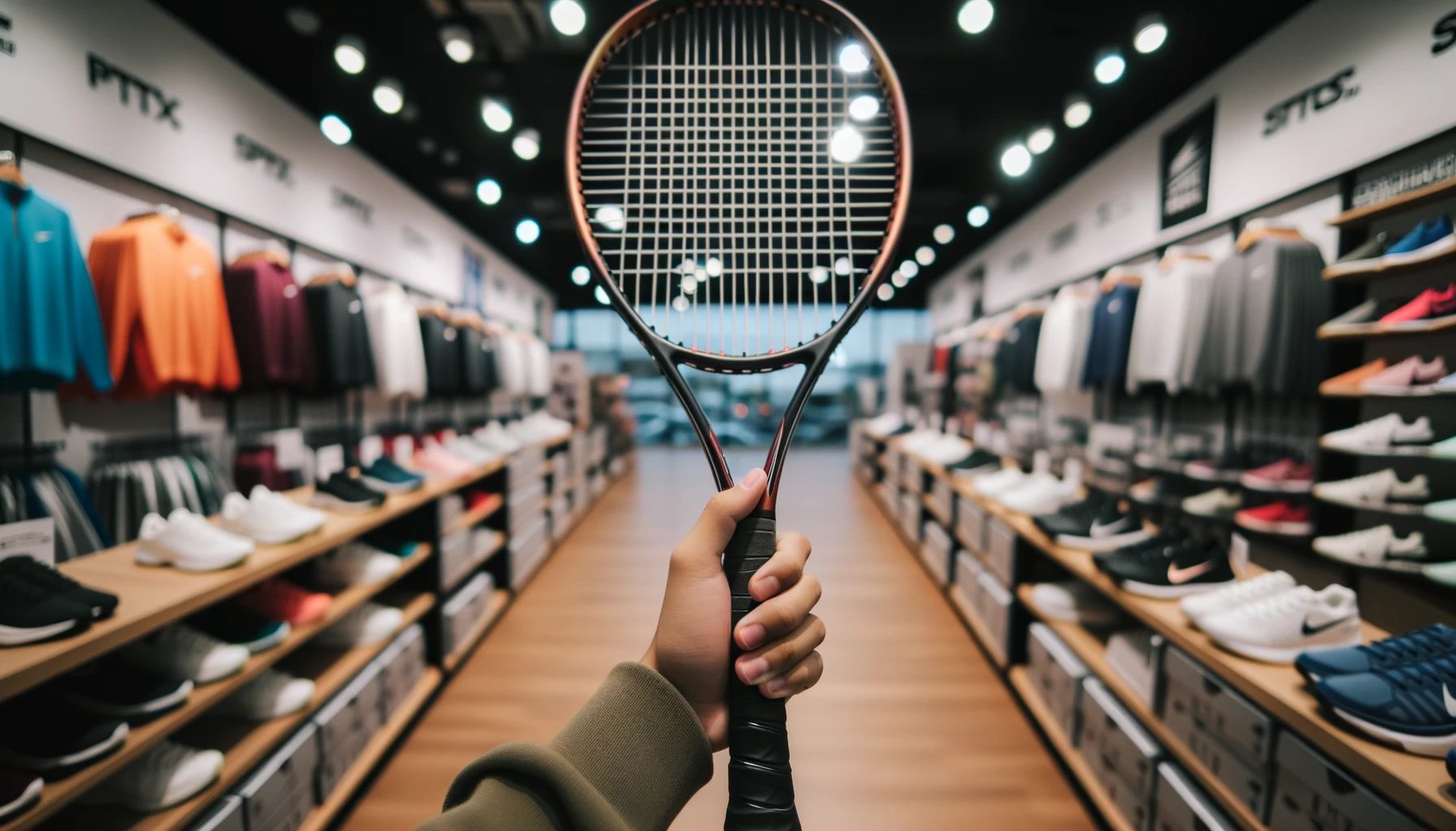 Foto einer Hand, die einen Tennisschläger hochhält und die Saiten und den Griff zeigt, mit einem unscharfen Hintergrund eines Sportgeschäfts.