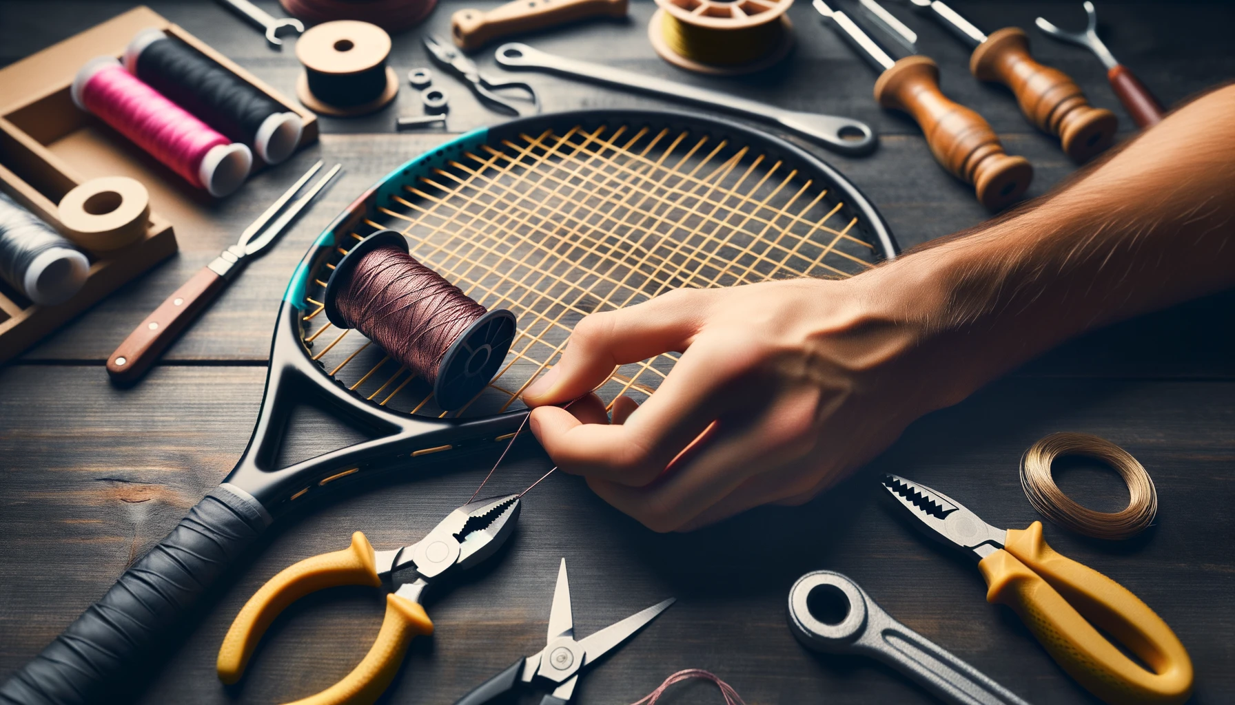 Foto einer Hand, die einen Tennisschläger neu bespannt, mit einer Spule mit Tennissaiten im Hintergrund und verstreutem Werkzeug.