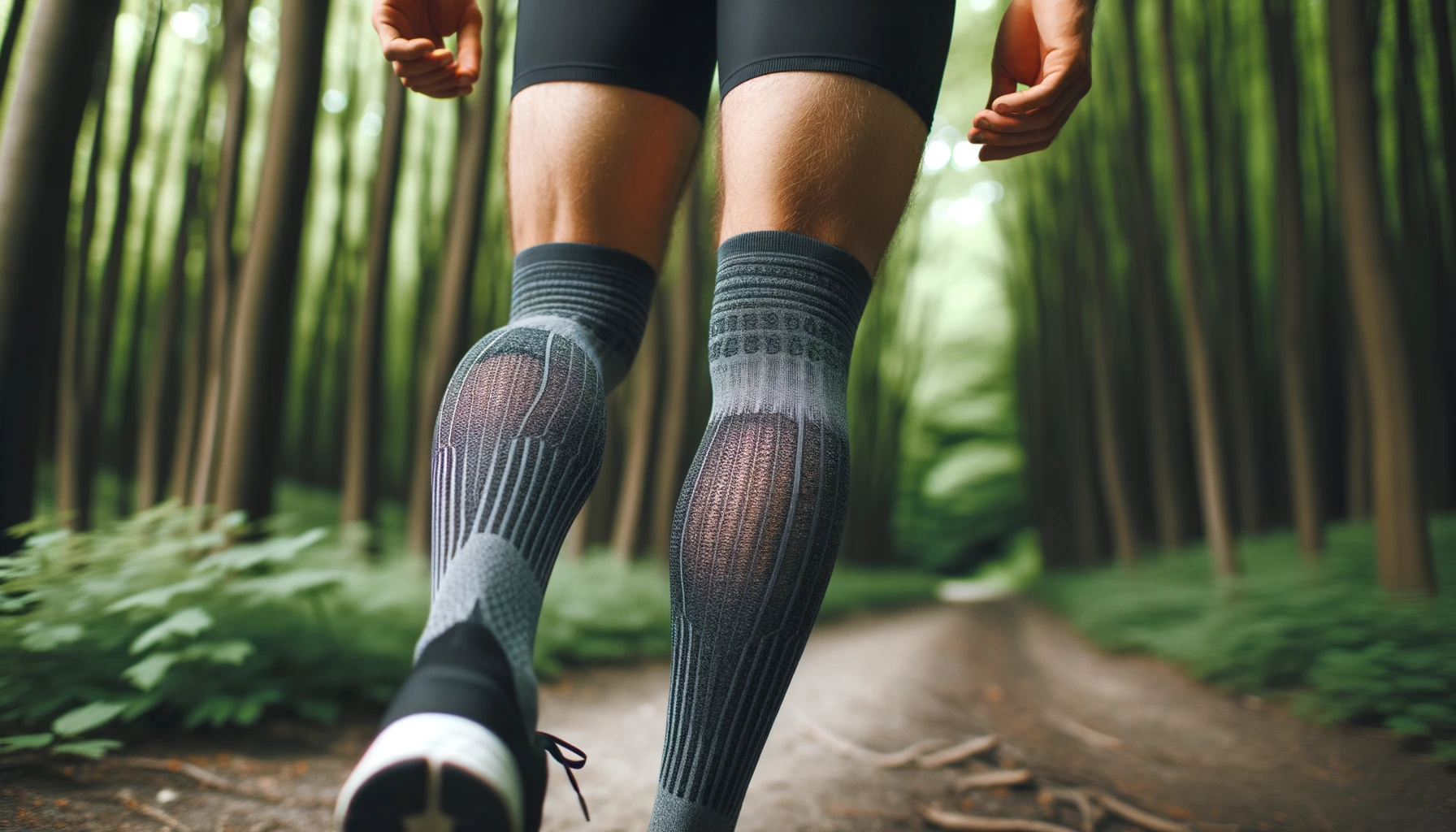 Foto einer Nahaufnahme der Beine eines Läufers, das die Details der Kompressionssocken zeigt.