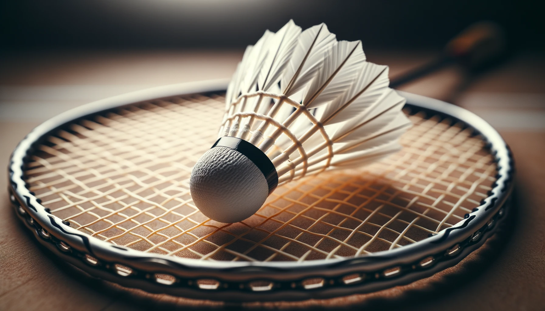 Foto einer Nahaufnahme der Saiten eines hochwertigen Badmintonschlägers mit einem Federball, der sanft darauf gelegt wird