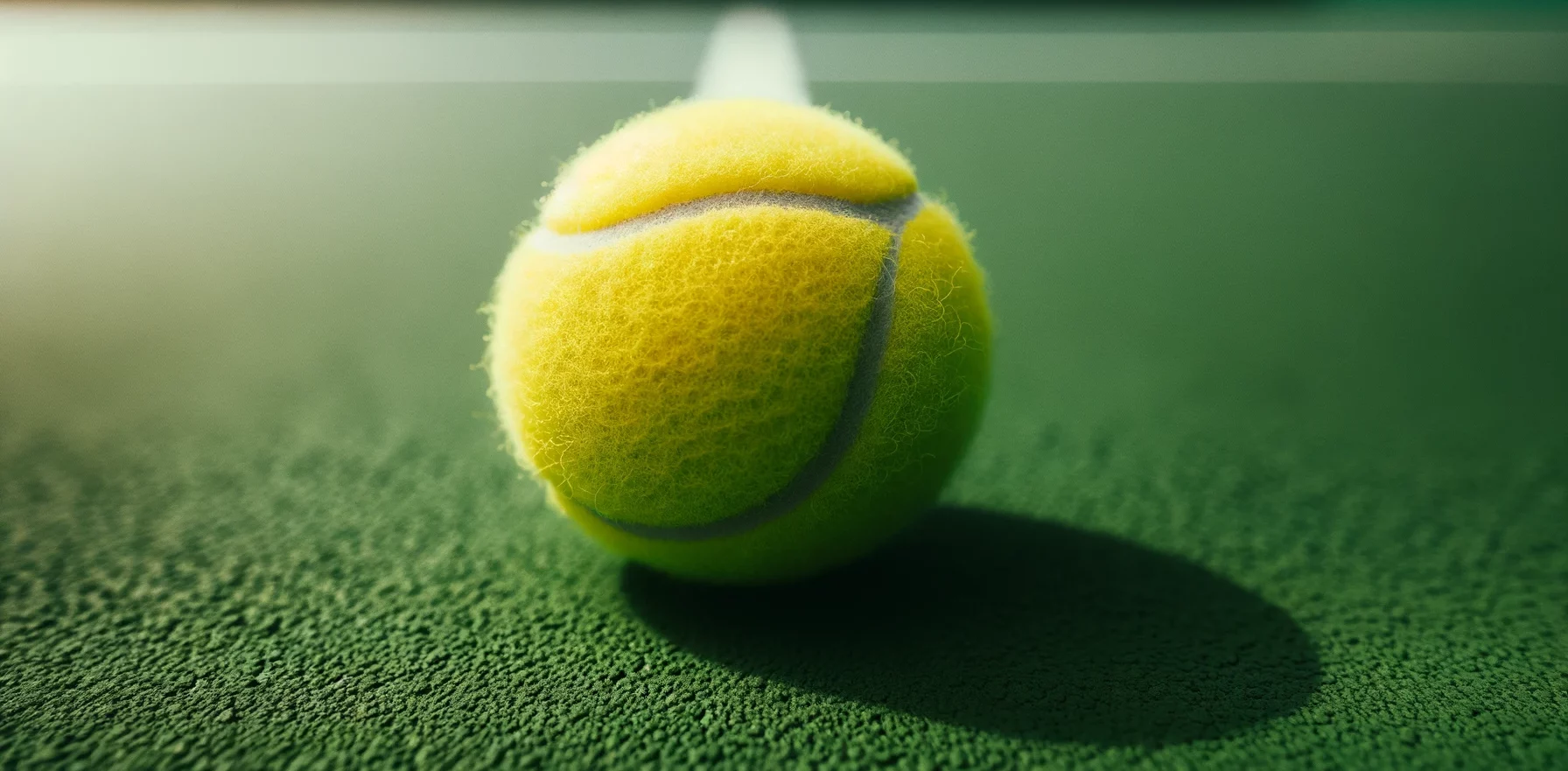 Foto einer Nahaufnahme eines neuen Tennisballs auf einem frisch gestrichenen Tennisplatz. Die Textur des Balls ist sichtbar und das helle Grün des Platzes kontrastiert mit dem Gelb des Balls