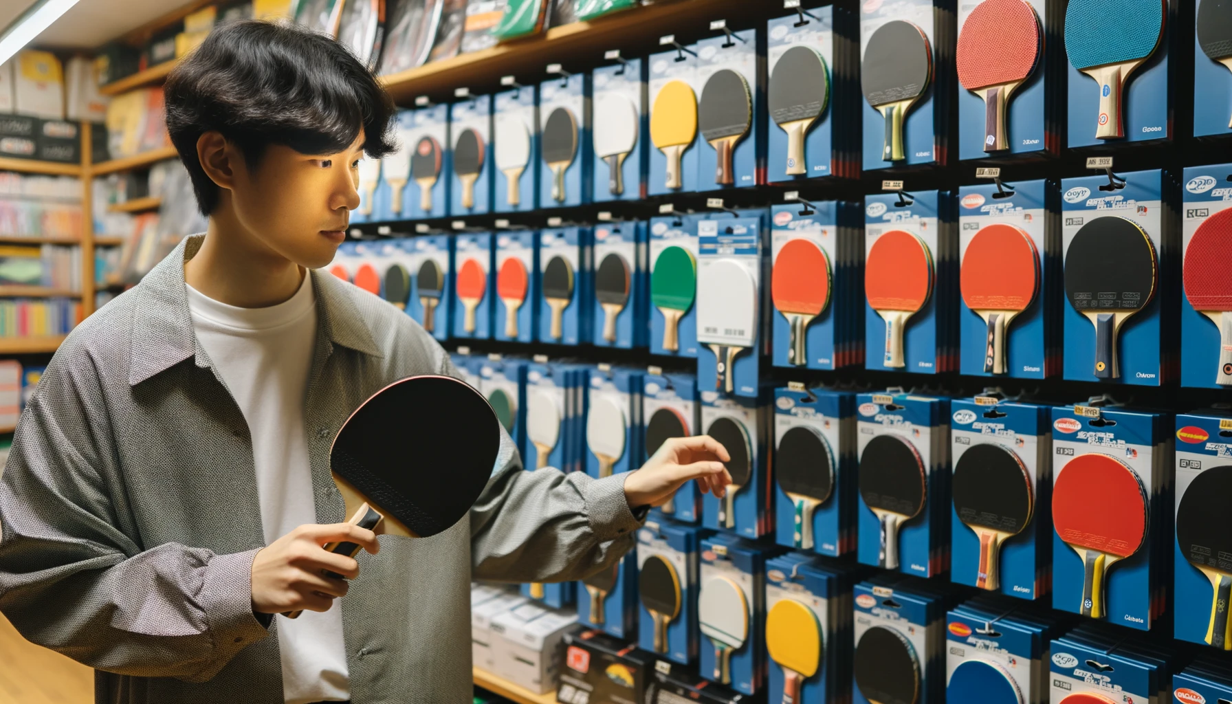 Foto einer Person asiatischer Abstammung, die in einem Sportgeschäft in einem Regal mit Tischtennisschlägern verschiedener Marken stöbert