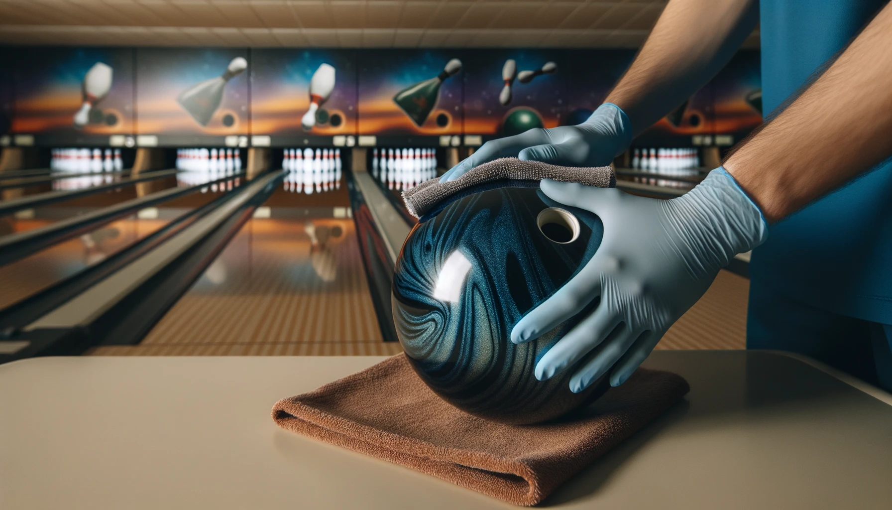 Foto einer Person mit Handschuhen, die sorgfältig eine glänzende Bowlingkugel mit einem weichen Mikrofasertuch reinigt.
