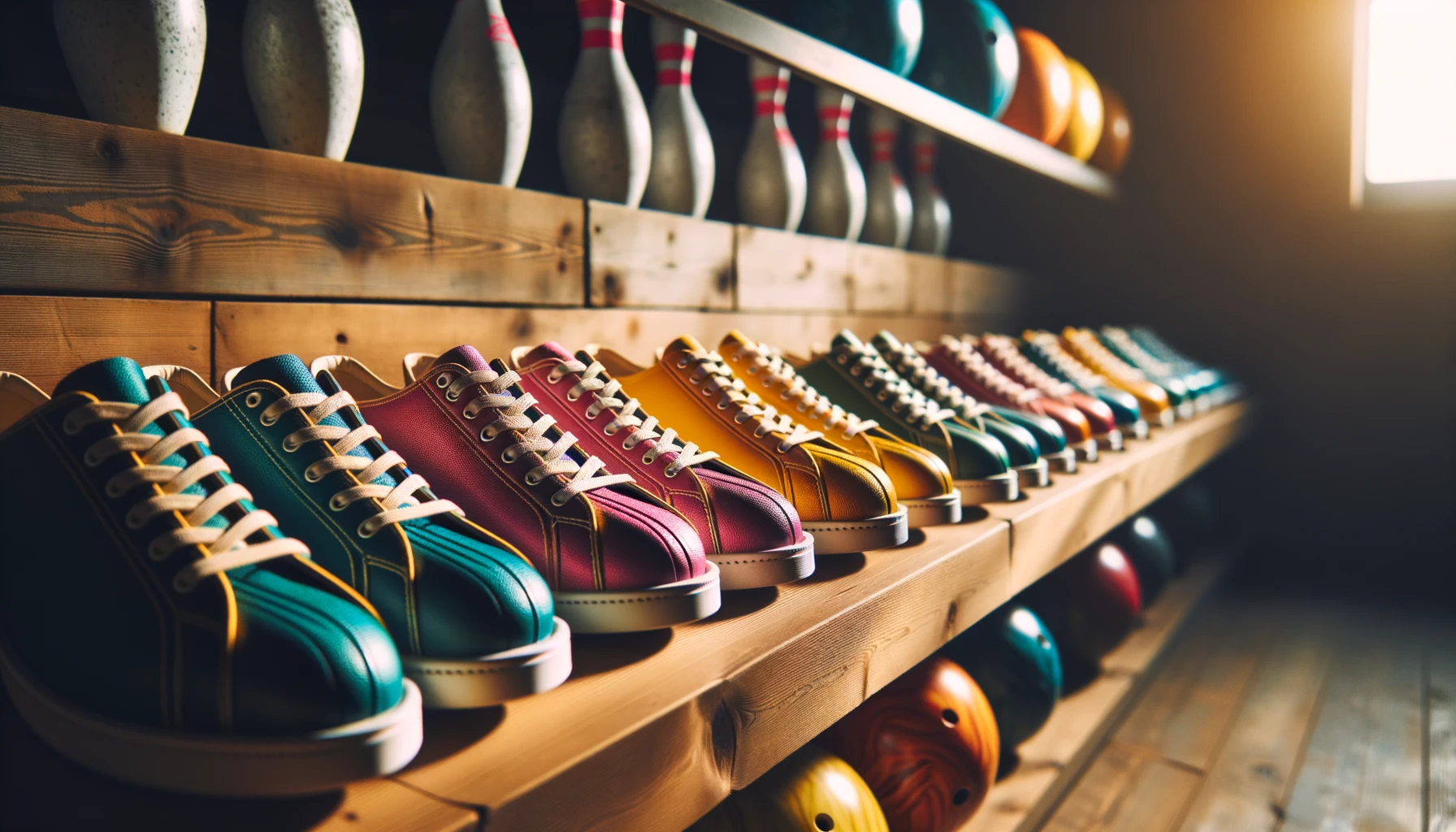 Foto einer Reihe von Bowlingschuhen in leuchtenden Farben, die fein säuberlich auf einem Holzregal aufgereiht sind, wobei das Umgebungslicht subtile Schatten wirft.