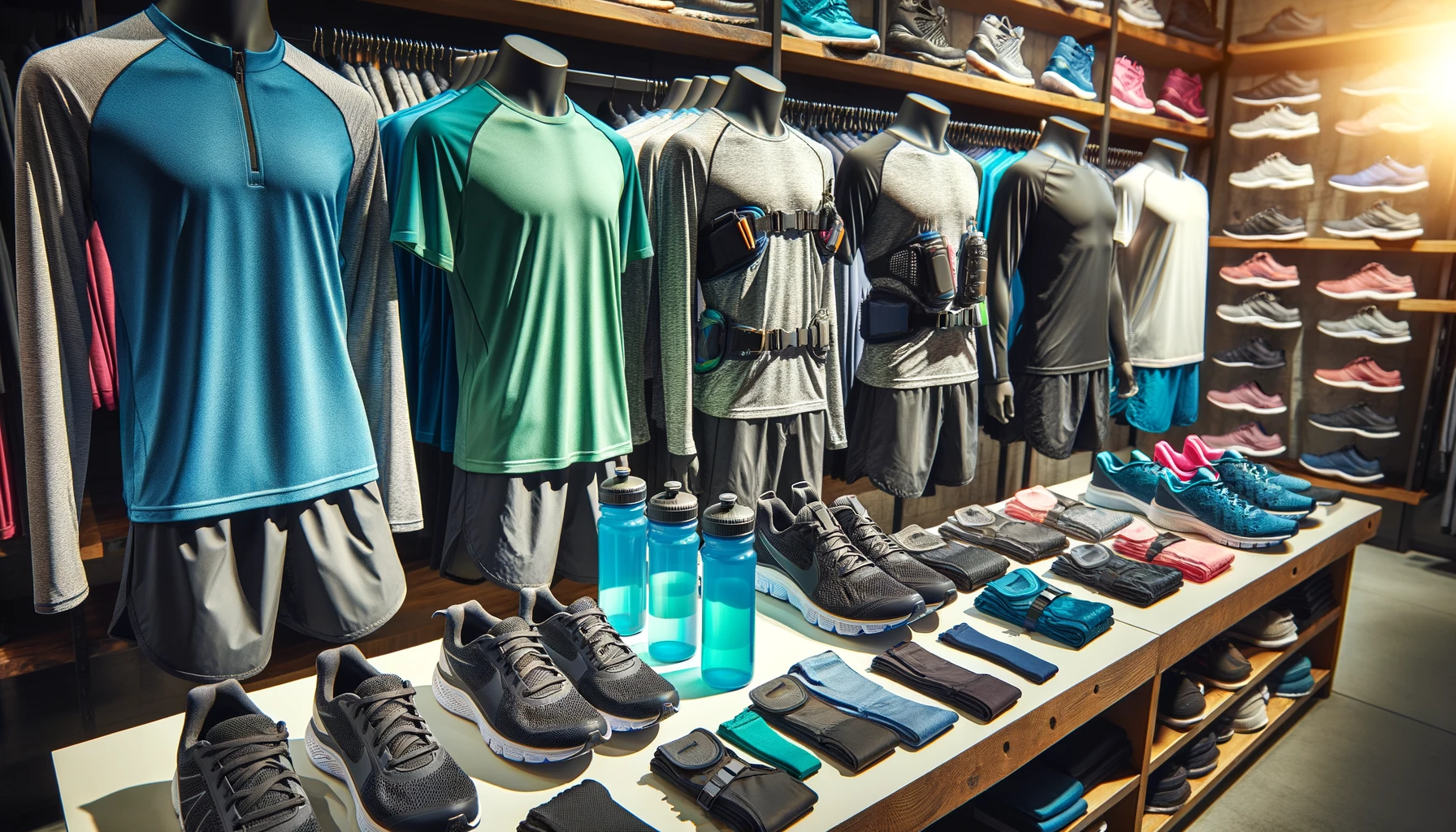 Foto einer Reihe von Laufbekleidung, die ordentlich in einem Regal ausgestellt ist. Dazu gehören feuchtigkeitsableitende Shirts, Shorts, Laufschuhe und Trinkgürtel.