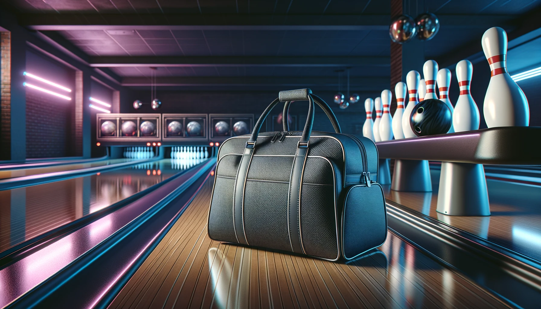 Foto einer eleganten, modernen Bowlingtasche, die auf einer glänzenden hölzernen Bowlingbahn steht, mit Bowlingpins im Hintergrund.