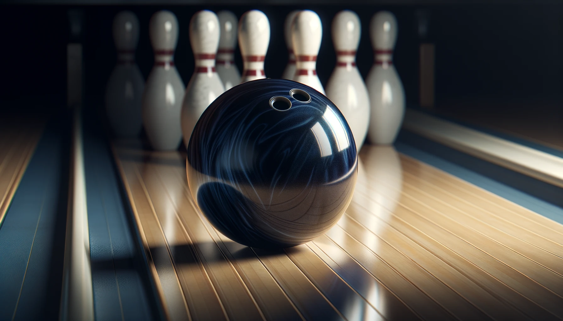 Foto einer glänzenden Bowlingkugel, die auf einer hölzernen Bowlingbahn ruht, mit Bowlingpins in der Ferne.