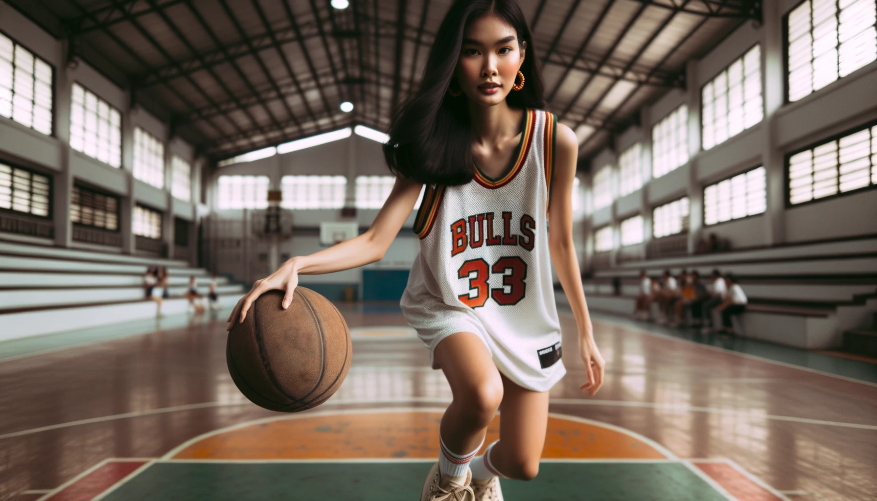 Foto einer jungen Frau asiatischer Abstammung, die einen Basketball dribbelt, während sie ein altes Basketballtrikot auf einem Hallenplatz trägt