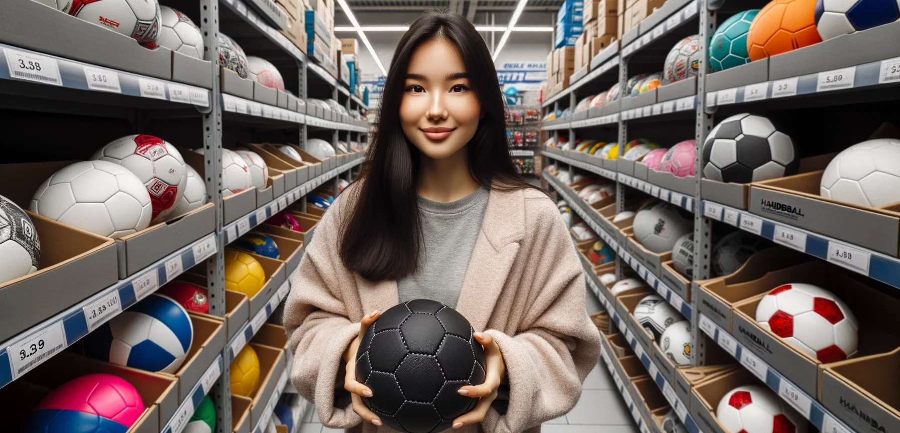 Foto einer jungen Frau asiatischer Abstammung, die in einem Sportgeschäft einen Handball hält.