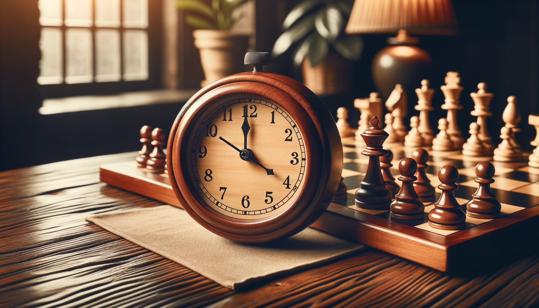 Foto einer traditionellen hölzernen Schachuhr, die neben einem Schachbrett steht. Die Zeiger der Uhr zeigen an, dass die Zeit für einen Spieler abläuft, es bleiben nur noch wenige Minuten.