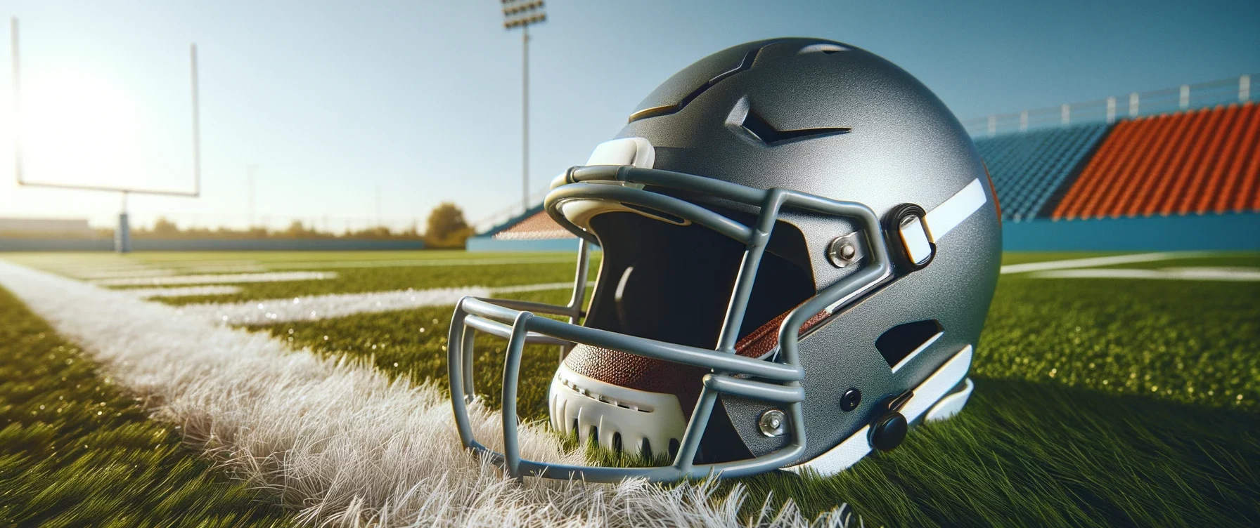 Foto eines American-Football-Helms auf einer Wiese mit weißen Linien, unter einem klaren blauen Himmel.