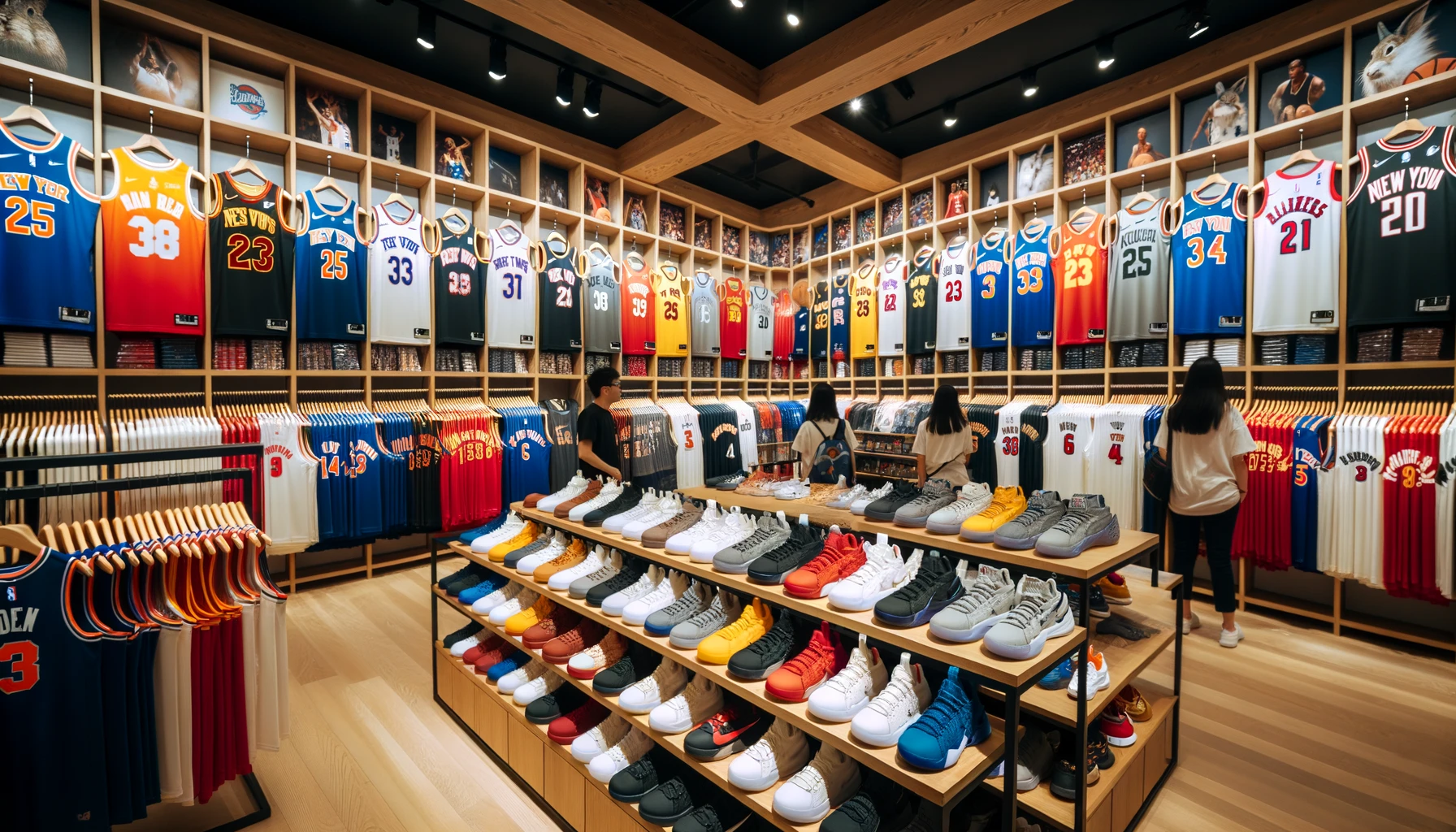Foto eines Basketballladens mit einer Vielzahl von Basketballtrikots in der Auslage, in der Kunden stöbern