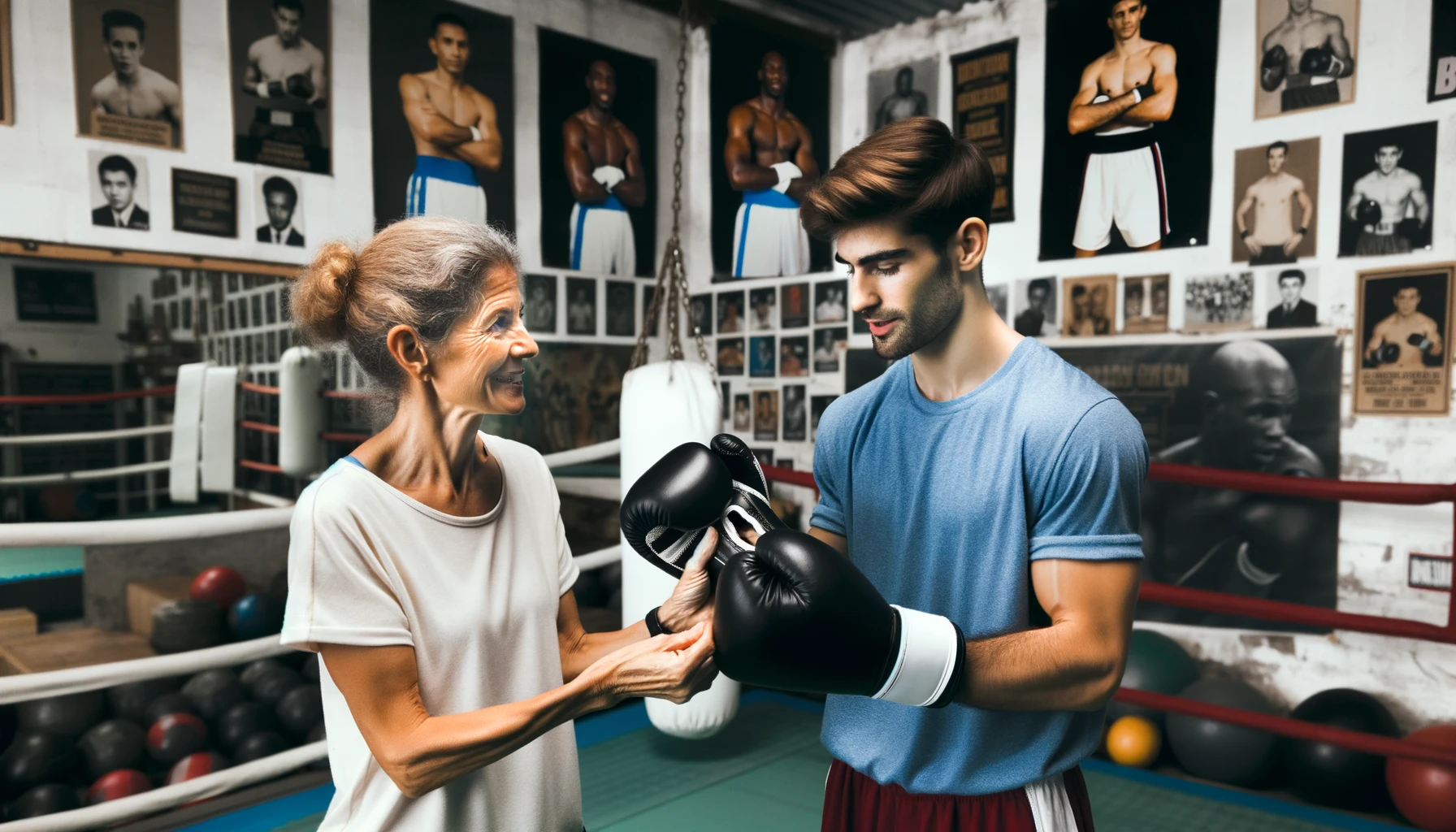 Foto eines Boxstudios, in dem ein weiblicher Trainer hispanischer Abstammung einem jungen männlichen Auszubildenden europäischer Abstammung ein neues Paar Boxhandschuhe zeigt.