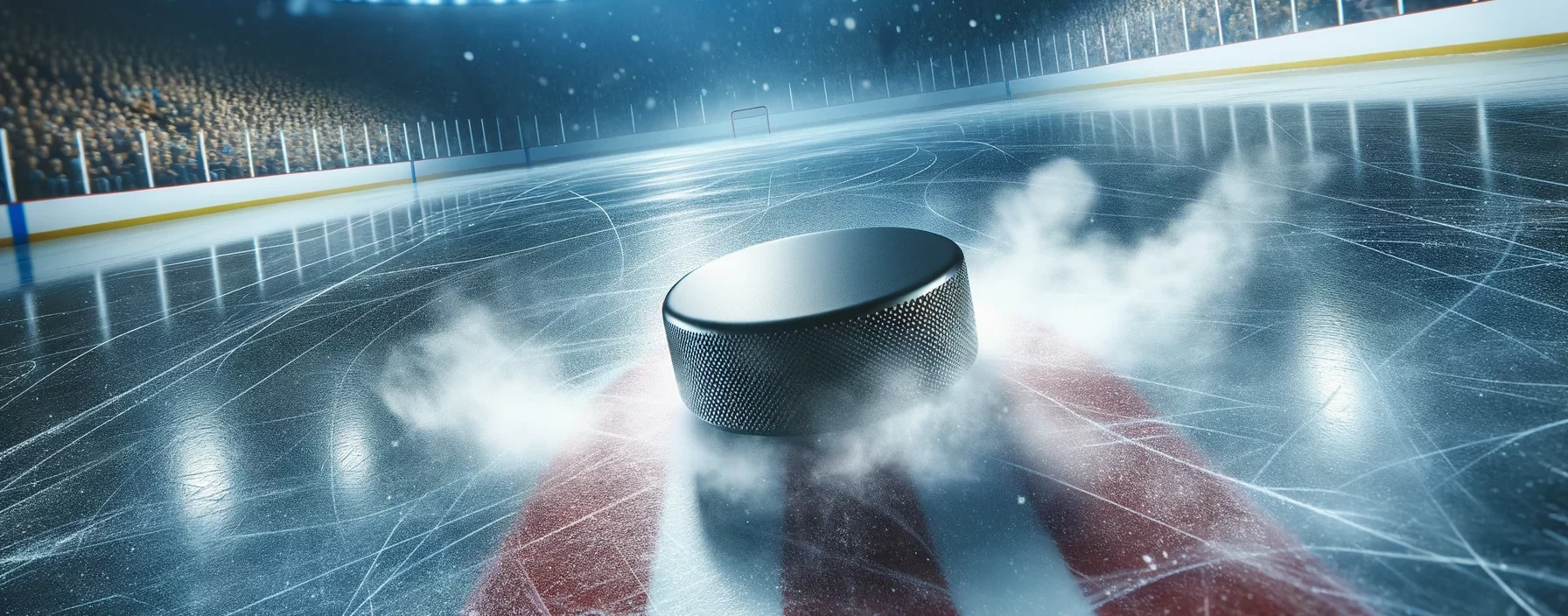 Foto eines Eishockey-Pucks, der schnell über eine glatte Eisfläche gleitet, wobei kalter Dampf vom Eis aufsteigt