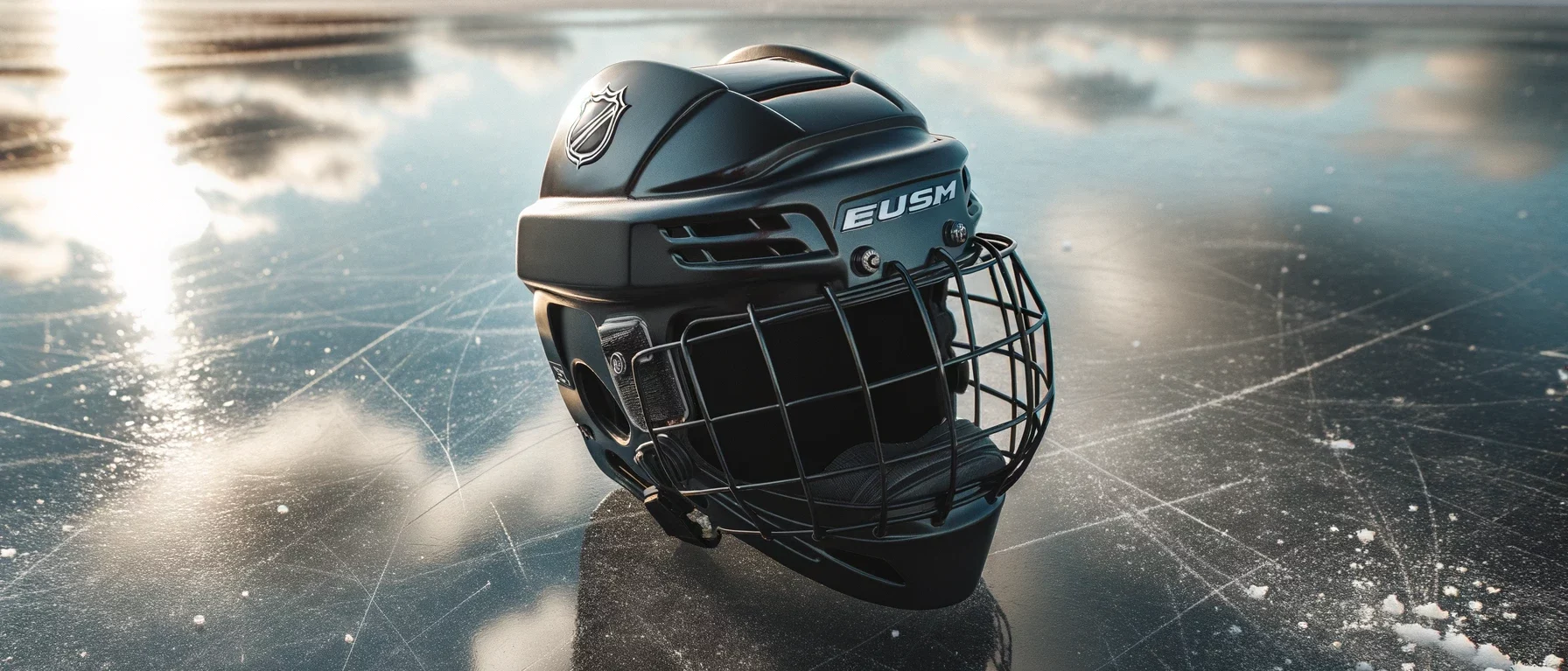 Foto eines Eishockeyhelms auf einem zugefrorenen Teich mit der Reflexion eines bewölkten Himmels. Der Helm ist glatt, schwarz und hat sichtbare Lüftungsschlitze.