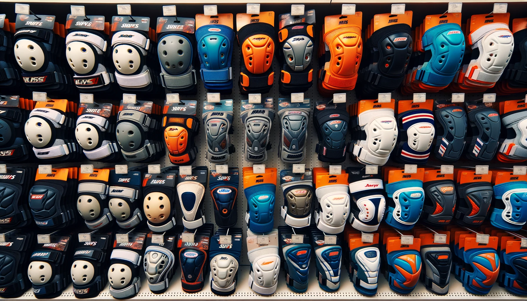 Foto eines Ladenregals mit verschiedenen Marken und Typen von Volleyball-Knieschonern, mit Preisschildern daran