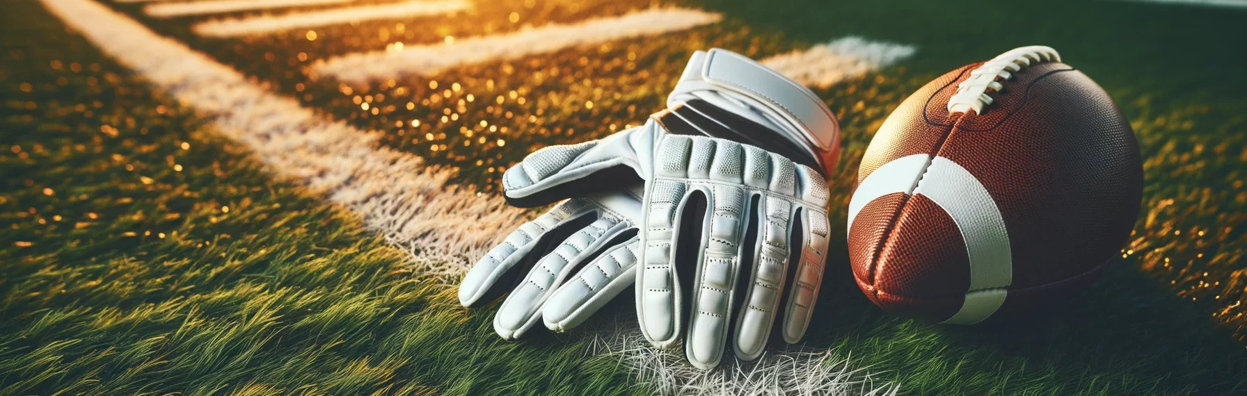 Foto eines Paars American-Football-Handschuhe, die auf einem grasbewachsenen Feld liegen, wobei die weißen Begrenzungslinien sichtbar sind.