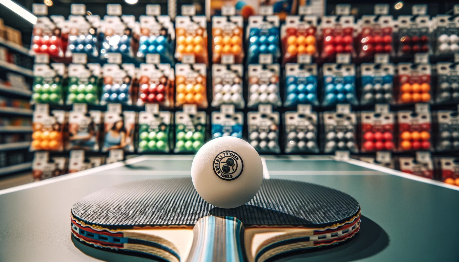 Foto eines Tischtennisballs, der auf einem Tischtennisschläger liegt. Im Hintergrund sehen Sie ein Regal mit Paketen von Tischtennisbällen in verschiedenen Farben