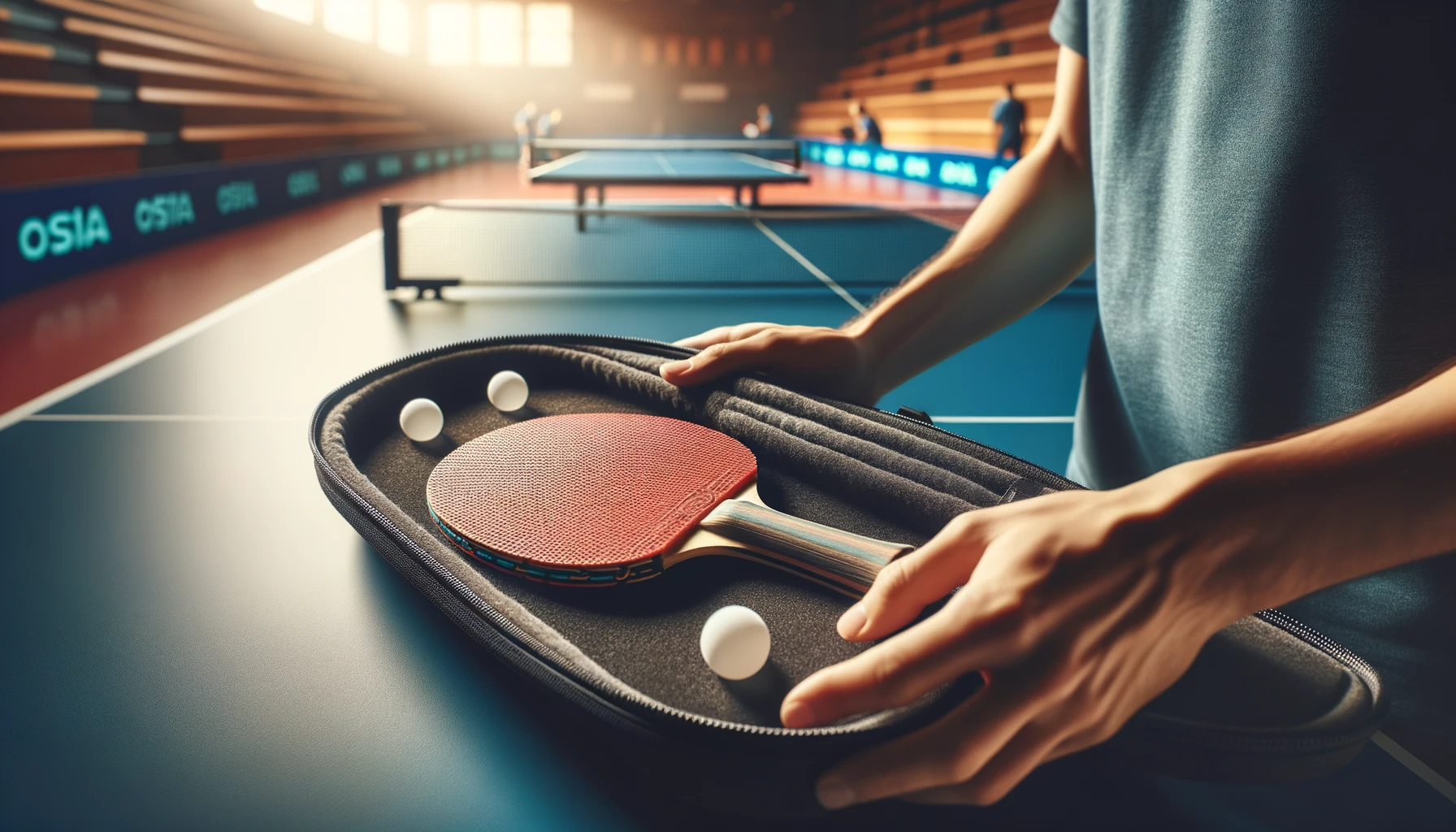 Foto eines Tischtennisschlägers, der sanft in seine weiche, gepolsterte Schutzhülle gelegt wird, mit einem unscharfen Hintergrund einer Tischtennis-Arena