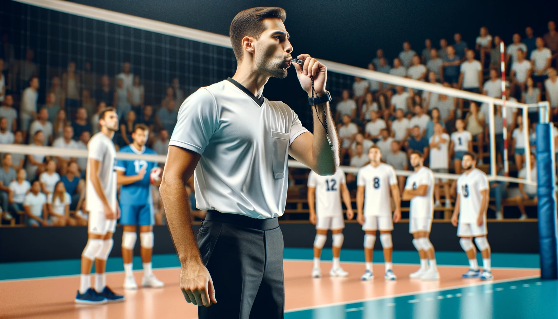 Foto eines Volleyball-Schiedsrichters, der während eines spannenden Spiels pfeift, während die Spieler im Hintergrund zum Aufschlag bereit sind.