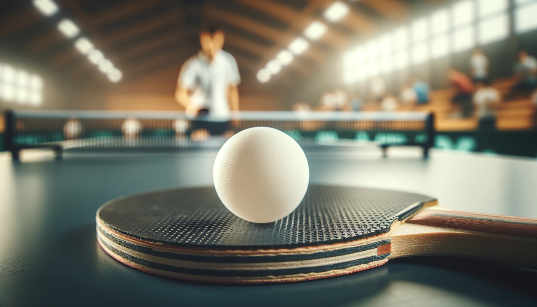 Foto eines makellosen weißen Tischtennisballs, der auf einem Tischtennisschläger ruht, mit einem unscharfen Hintergrund eines laufenden Spiels
