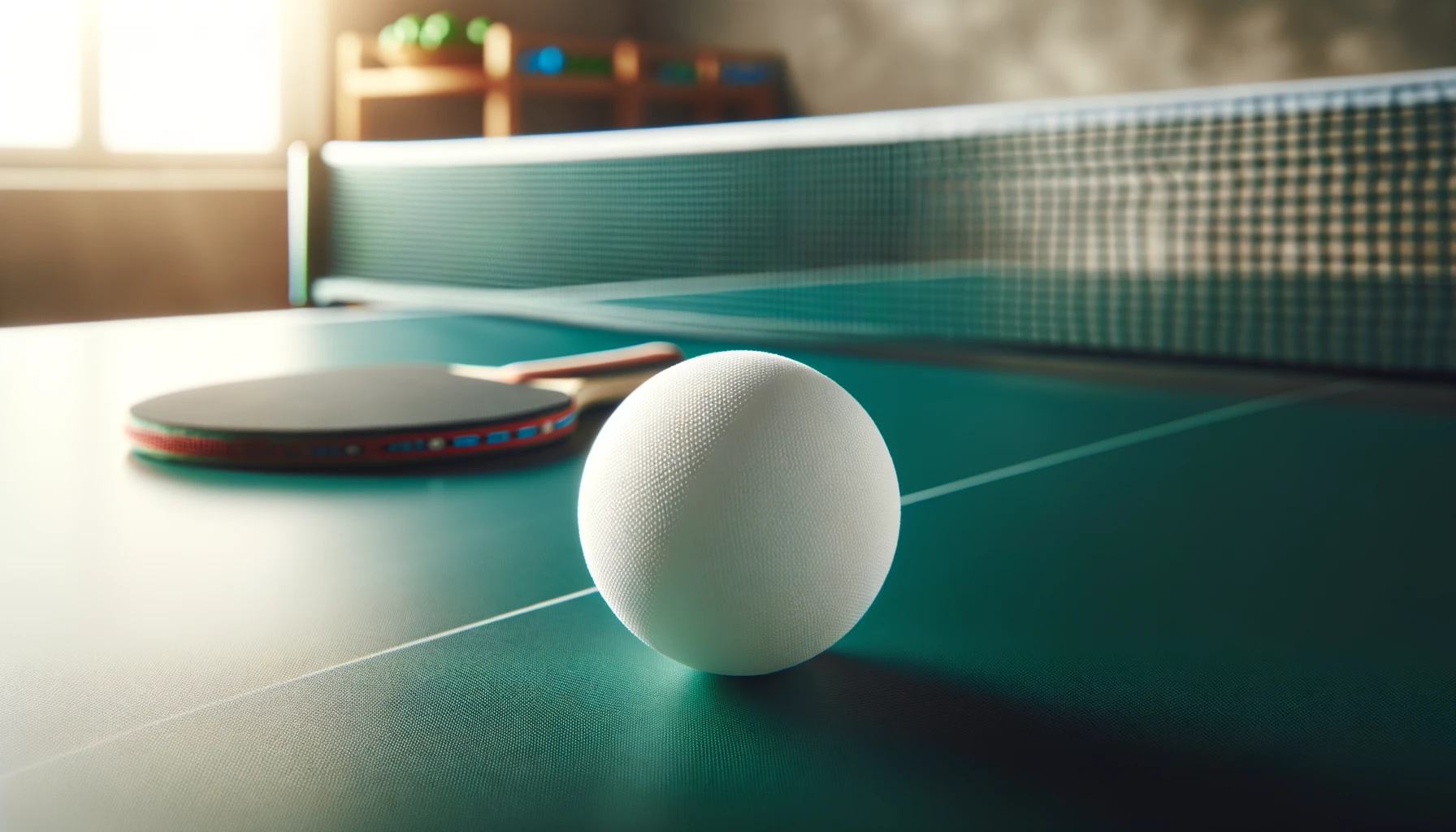 Foto eines makellosen weißen Tischtennisballs, der auf einer grünen Tischtennisplatte liegt, mit dem Netz im Hintergrund und Schlägern daneben.