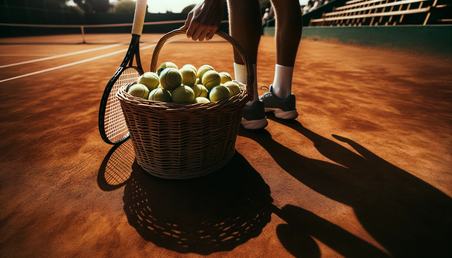 Foto eines mit Tennisbällen gefüllten Korbs am Rande eines Sandtennisplatzes.
