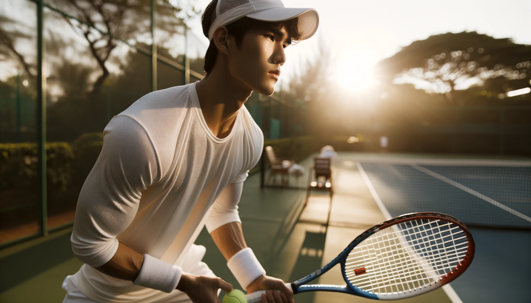 Foto eines sonnenbeschienenen Tennisplatzes mit einem männlichen Spieler asiatischer Abstammung, der eine weiße Tenniskappe trägt und sich auf den Aufschlag vorbereitet