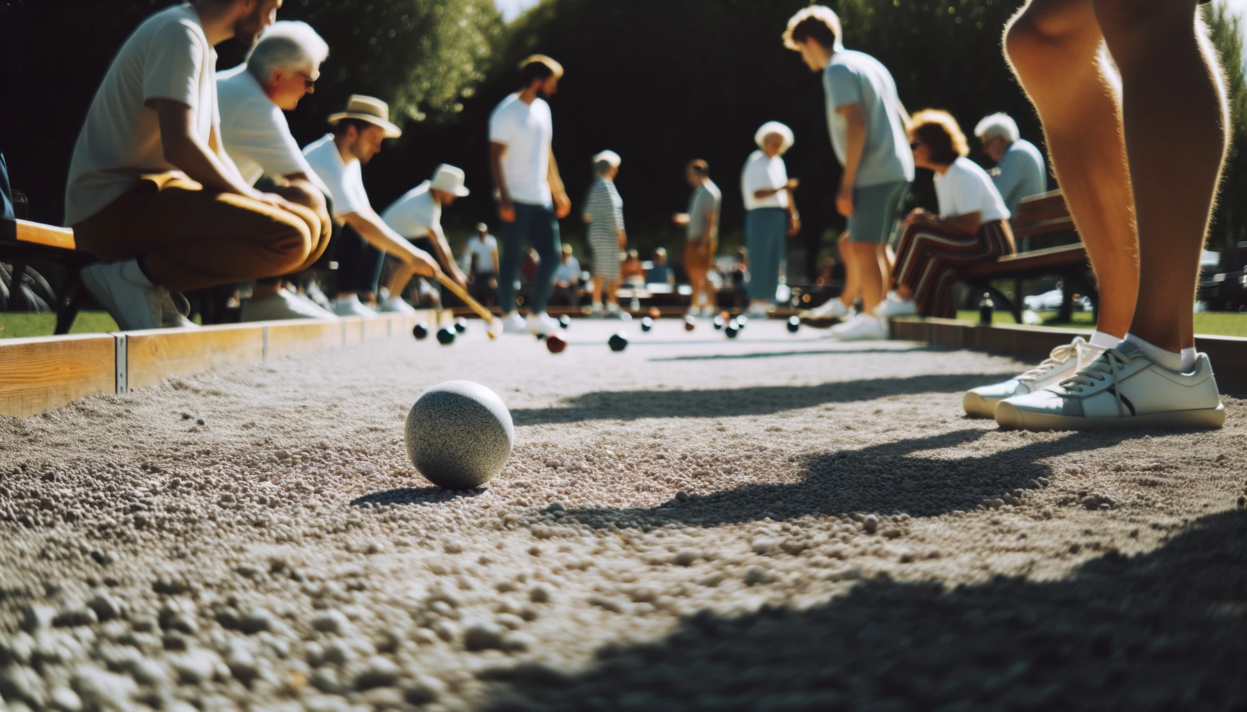 Foto eines sonnigen Tages in einem Park, in dem eine bunte Gruppe von Menschen Boccia spielt. Der Boden ist mit feinem Kies bedeckt, und die kleine weiße Zielkugel ist sichtbar.