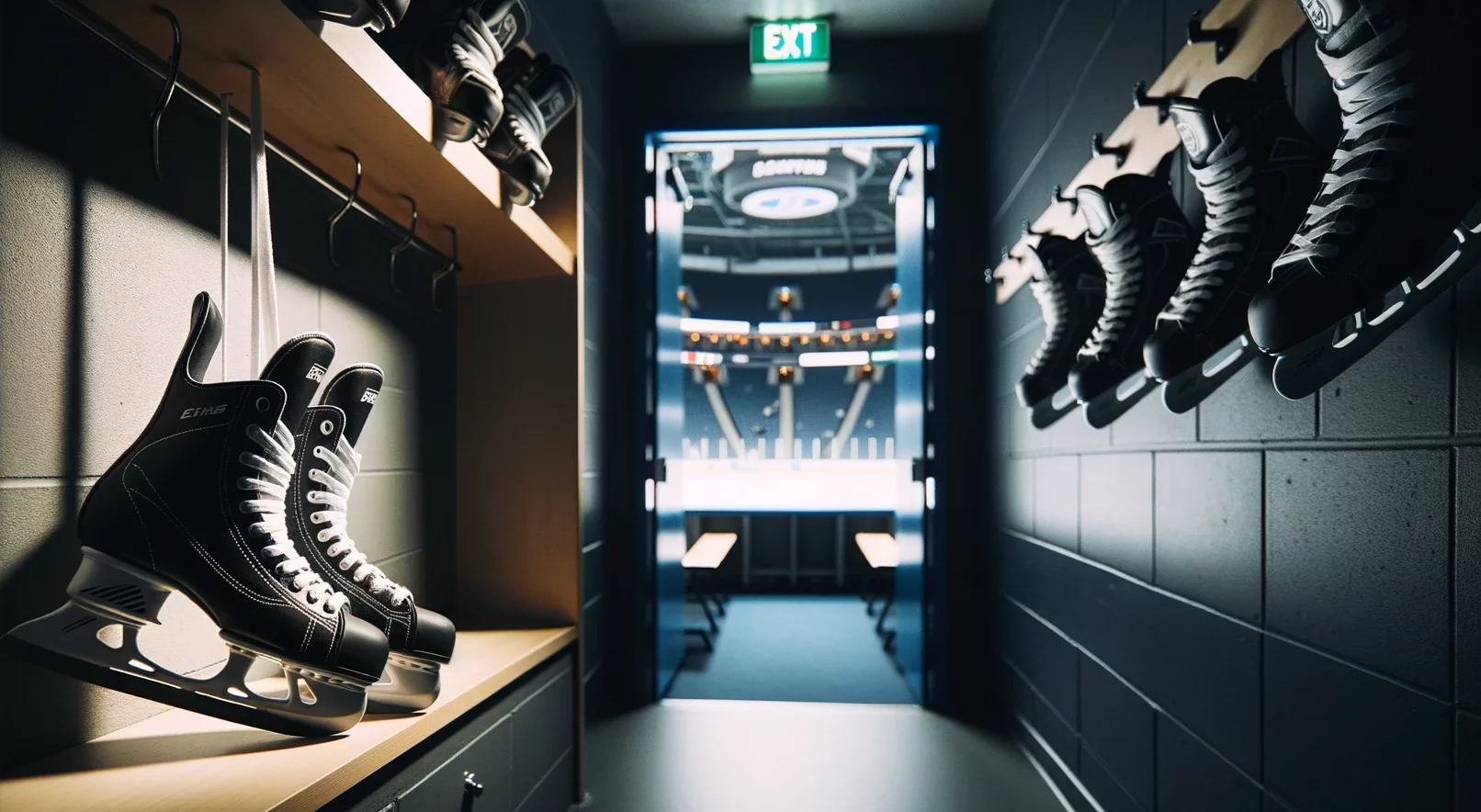 Foto von Eishockey-Schlittschuhen, die an einer Spindtür in der Umkleidekabine eines Stadions hängen