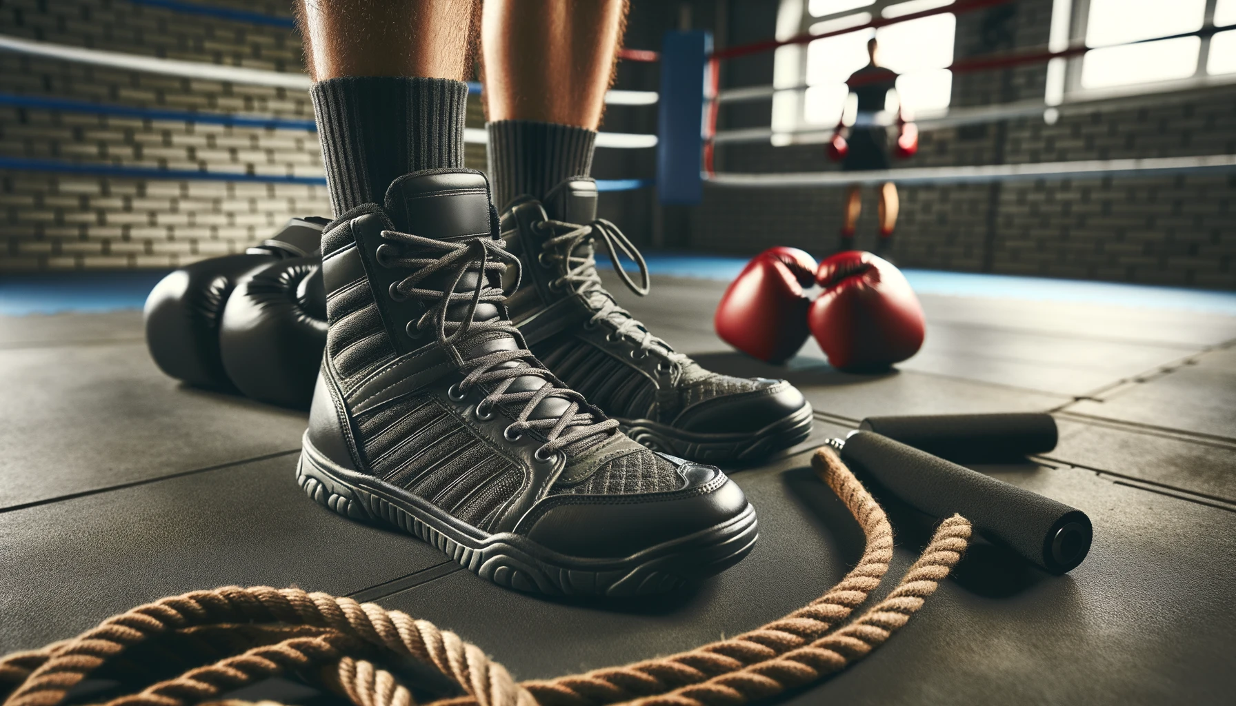 Foto von einem Paar professioneller Boxschuhe, die auf dem Boden eines Fitnessstudios stehen, umgeben von Boxausrüstung wie Handschuhen und Springseilen.