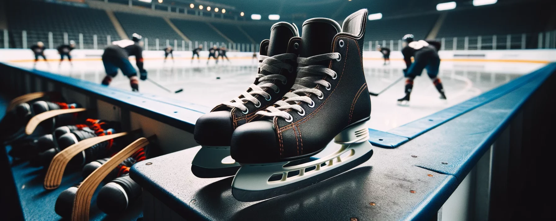 Foto von einem Paar professioneller Eishockey-Schlittschuhe, die ordentlich auf der Bank eines Eishockeystadions platziert sind.