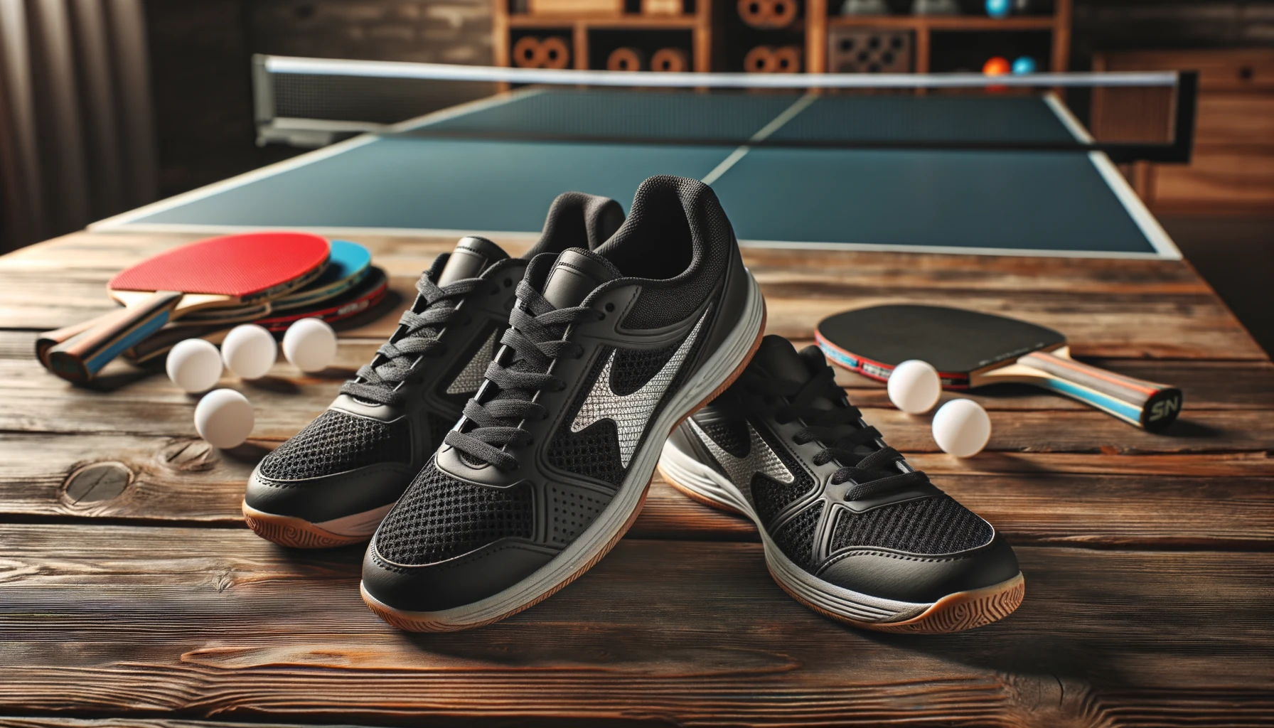 Foto von einem Paar professioneller Tischtennisschuhe, die auf einer hölzernen Tischtennisplatte mit Schlägern und Bällen platziert sind, die überall verstreut sind