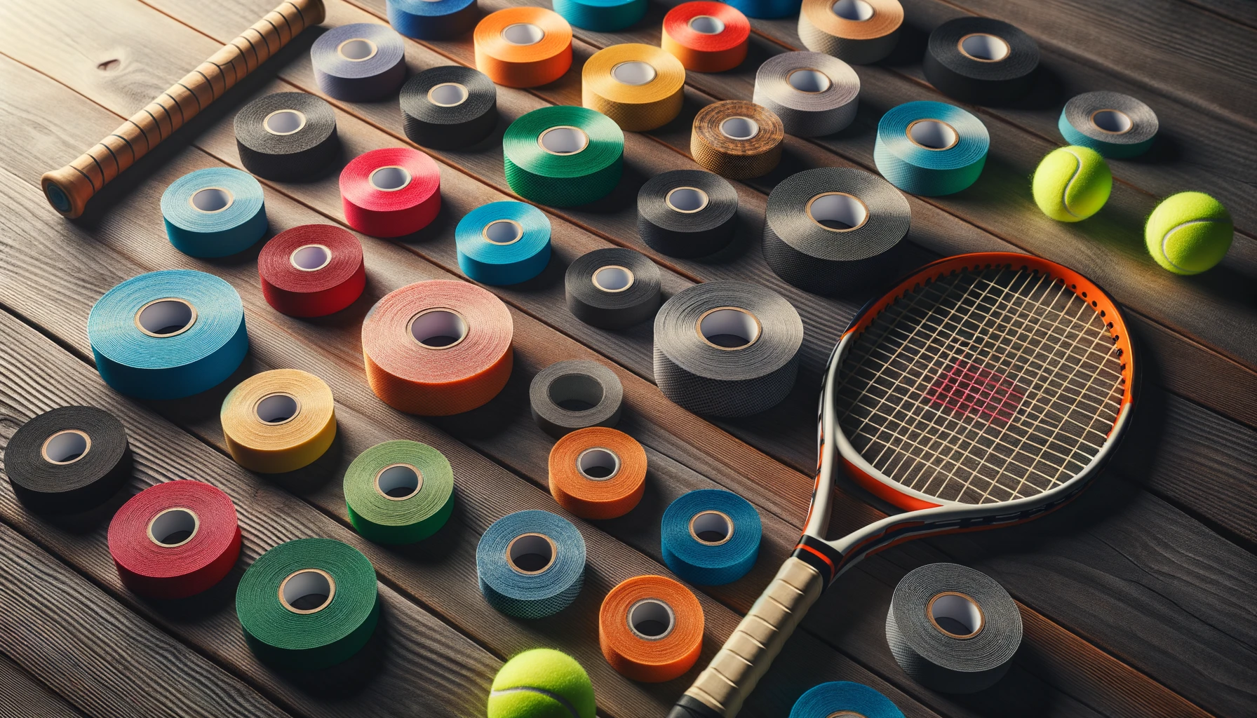 Foto von mehreren Rollen Tennisgriffband in verschiedenen Farben, die auf einem Holztisch ausgebreitet sind, mit einem Tennisschläger daneben