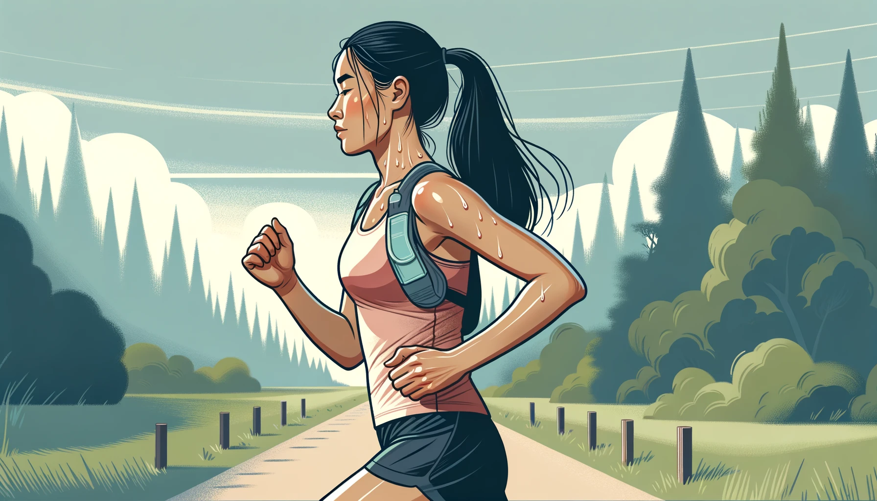 Illustration einer Läuferin, einer Frau asiatischer Abstammung, aus einer Seitenansicht. Sie ist mitten im Lauf, der Schweiß steht ihr auf der Stirn und sie trägt einen Trinkgürtel.