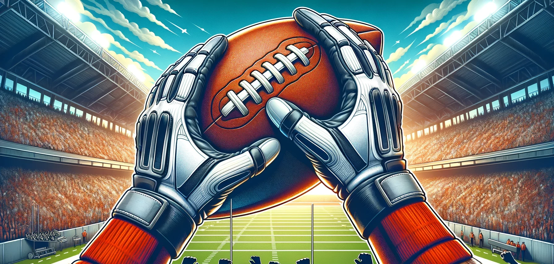 Illustration einer Nahaufnahme der Hände eines Spielers, der American Football-Handschuhe trägt und einen Football fest umklammert.