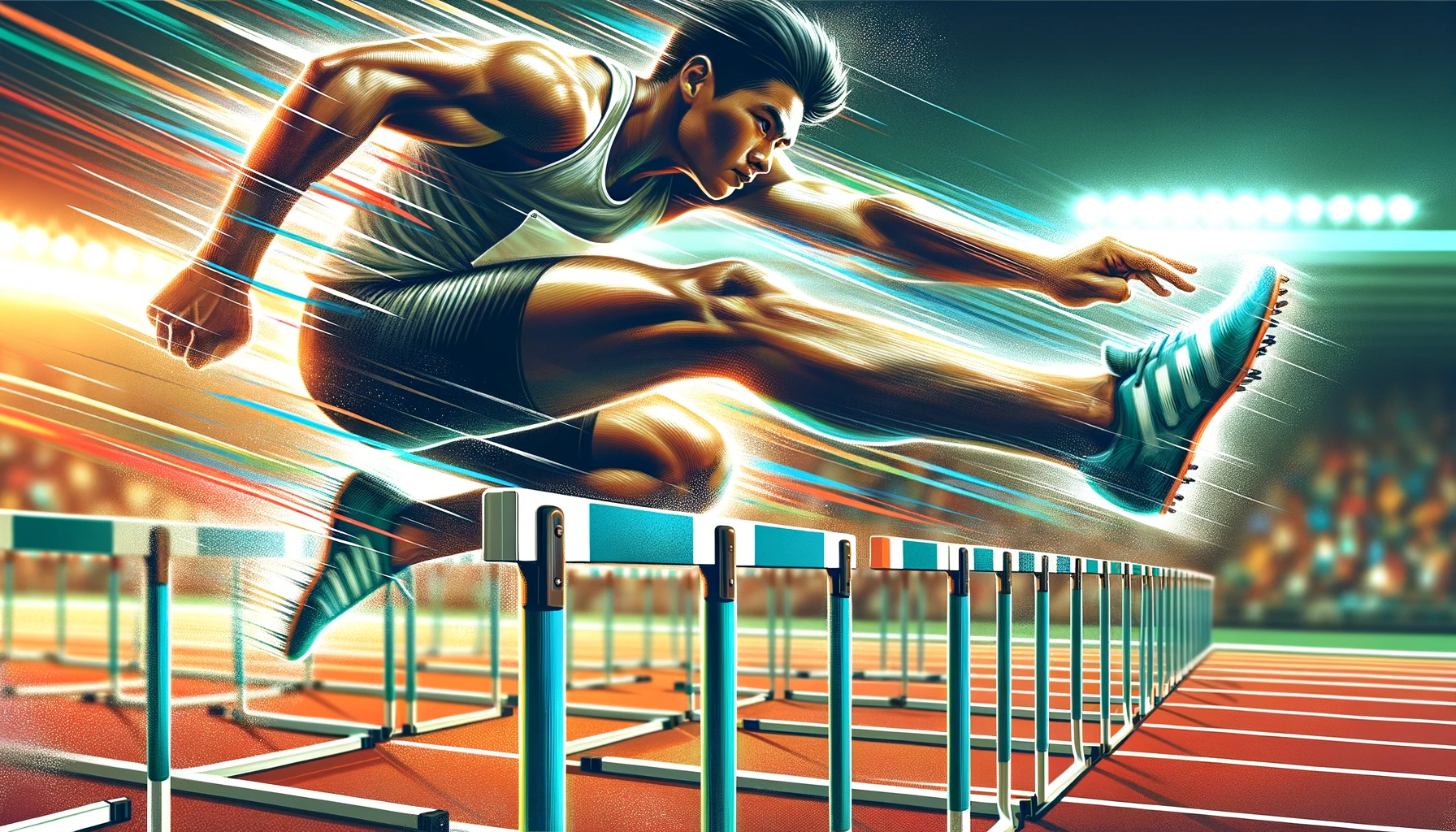 Illustration eines Nahaufnahme-Moments, in dem ein männlicher Athlet asiatischer Abstammung mit großer Beweglichkeit und Präzision eine Hürde überspringt.