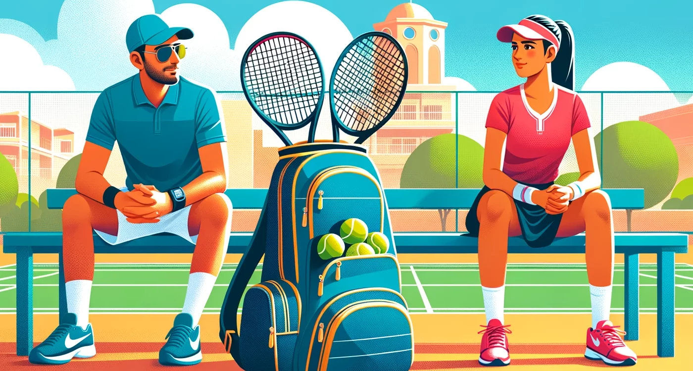Illustration eines Tennisrucksacks mit zwei Spielern auf der Bank dahinter