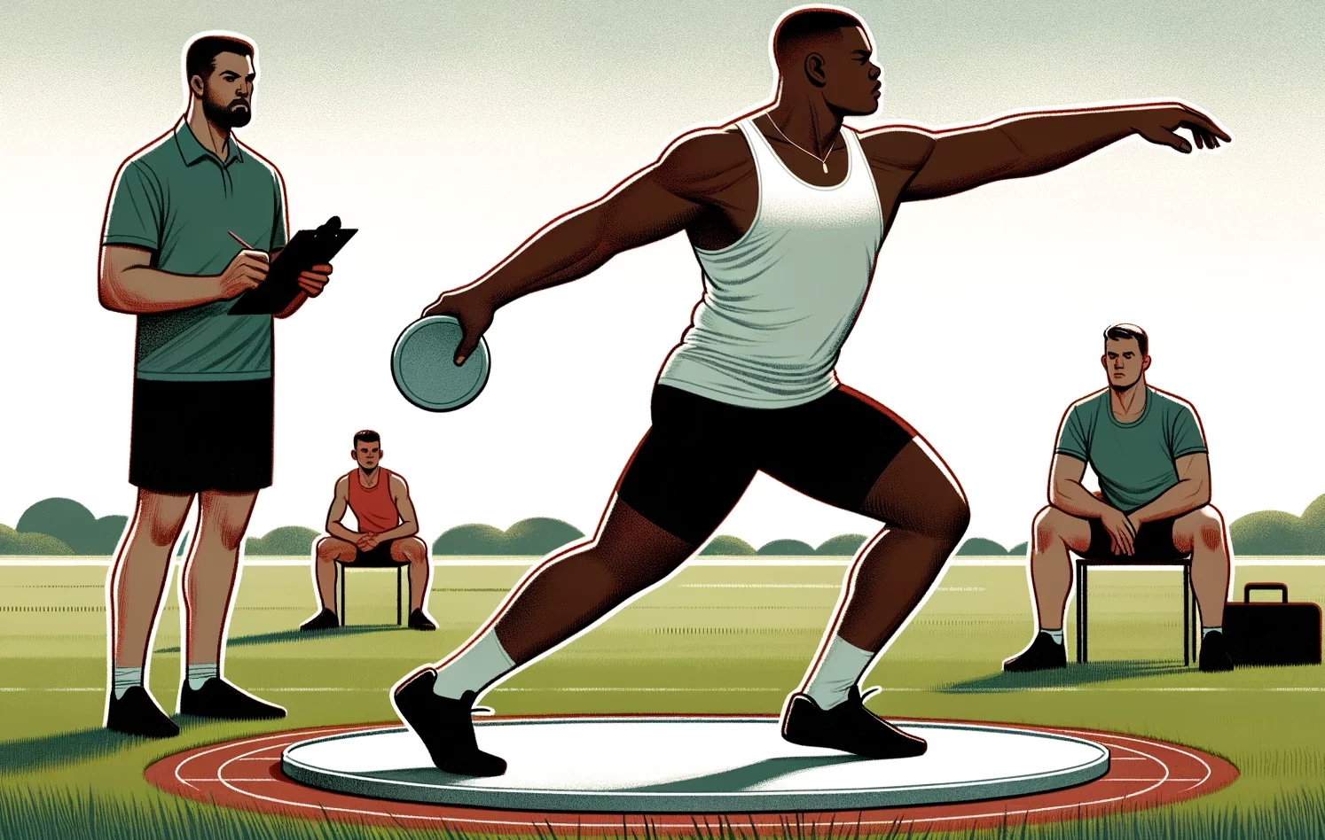Illustration eines grasbewachsenen Feldes, auf dem ein männlicher Athlet afrikanischer Abstammung den Diskuswurf übt.
