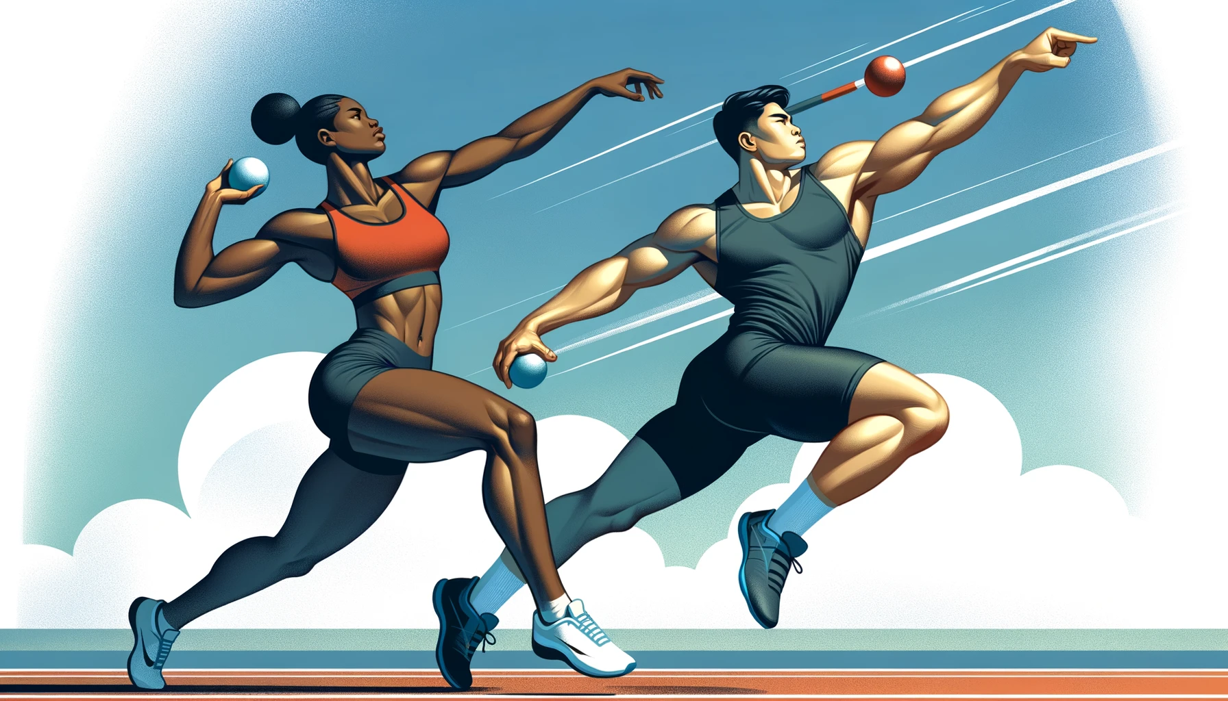 Illustration verschiedener Athleten, einer schwarzen Frau und eines asiatischen Mannes, die im Kugelstoßen gegeneinander antreten.